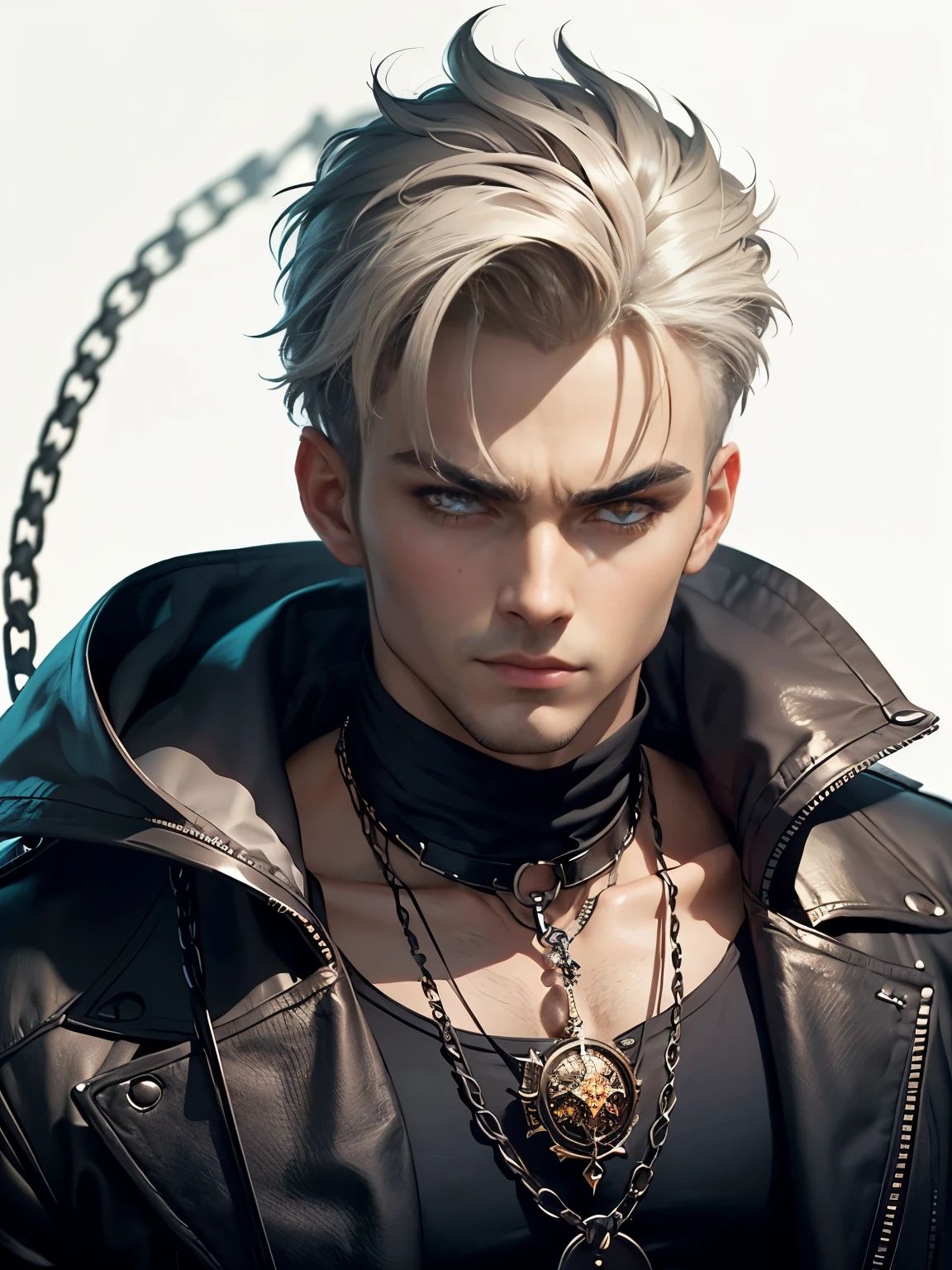 Create Facing front, looking straight ahead. an extravagant portrayal of a guy in Gothic style, emphasizing the guy theme. The design should feature Gothic elements such as lace, chains, and Victorian details, showcasing an elegant and intricate style. Utilize a color palette of black, white, and pastel tones to capture the unique Gothic aesthetic. The design must be eye-catching, with the guy centered in the image against a white background. he should fit well within the space, ensuring he does not touch the edges of the canvas. No text should be included in the image.
