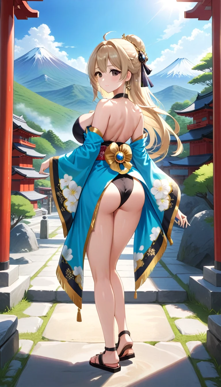 (masterpiece,best quality,ultra detailed,:1.2),CG,a beautiful and cute japanese lady,shiny hair,light blown hair,forehead,half updo,shiny eyes,tsurime,black eyes,looking back at viewer,large breasts,harem outfit,sandals,shrine,mountain,summer