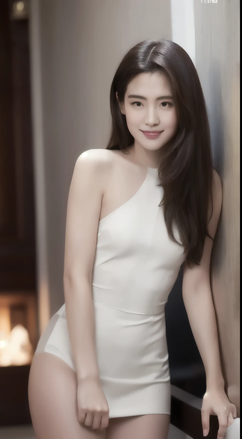 Realistic, Tabletop, highest quality, RAW Photos, One Girl, alone, Long Hair, Brown Hair, Detailed face, Attractive face, A shy smile、From the thigh up、Beautiful actress with full nude body, Mid-chest, Dynamic pose, Show Viewer, From below, Detailed Background, Fine details, Intricate details, Ray Tracing, Written boundary depth, Modest, Hmph