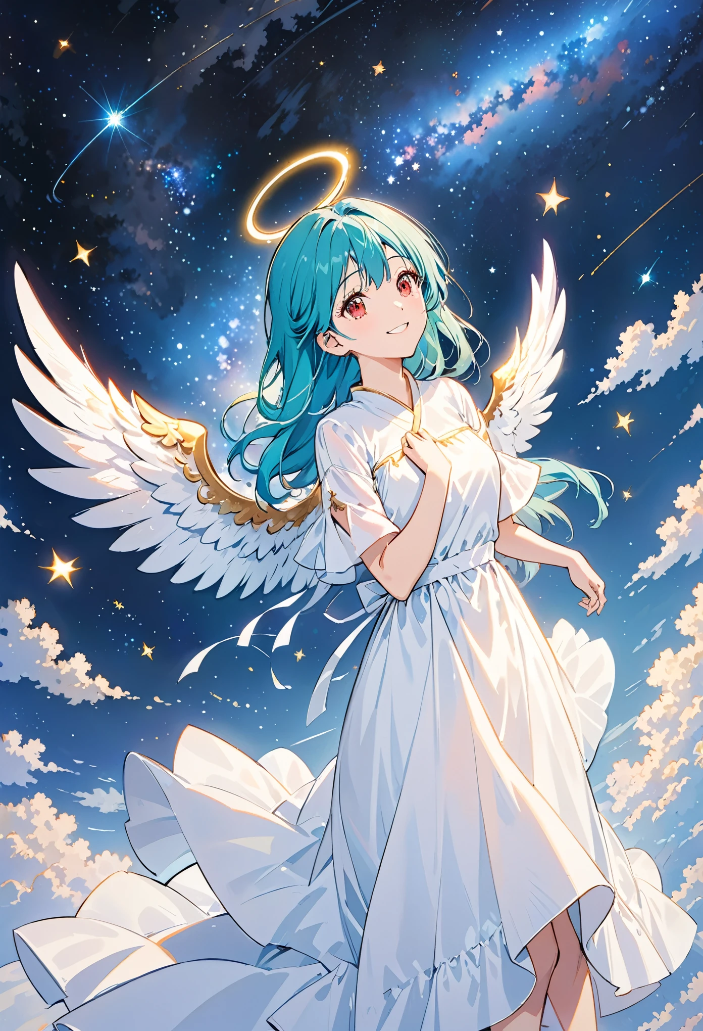 A woman, Cyan hair, Red Eyes, Smile, Angel Wings, Golden Halo, White Dress, upright, In outer space, Milky Way in the background, stars in the distance, Upper Body
