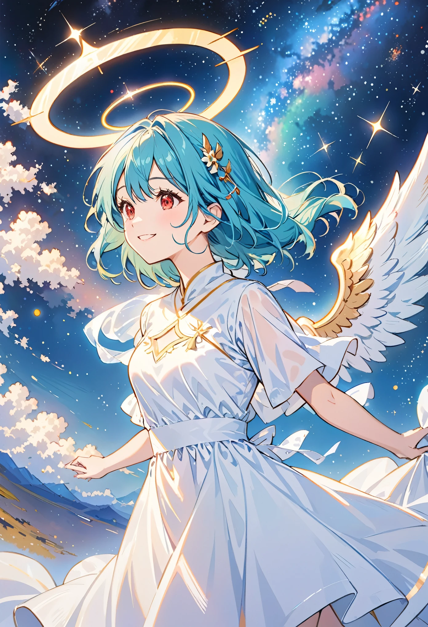 A woman, Cyan hair, Red Eyes, Smile, Angel Wings, Golden Halo, White Dress, upright, In outer space, Milky Way in the background, stars in the distance, Upper Body