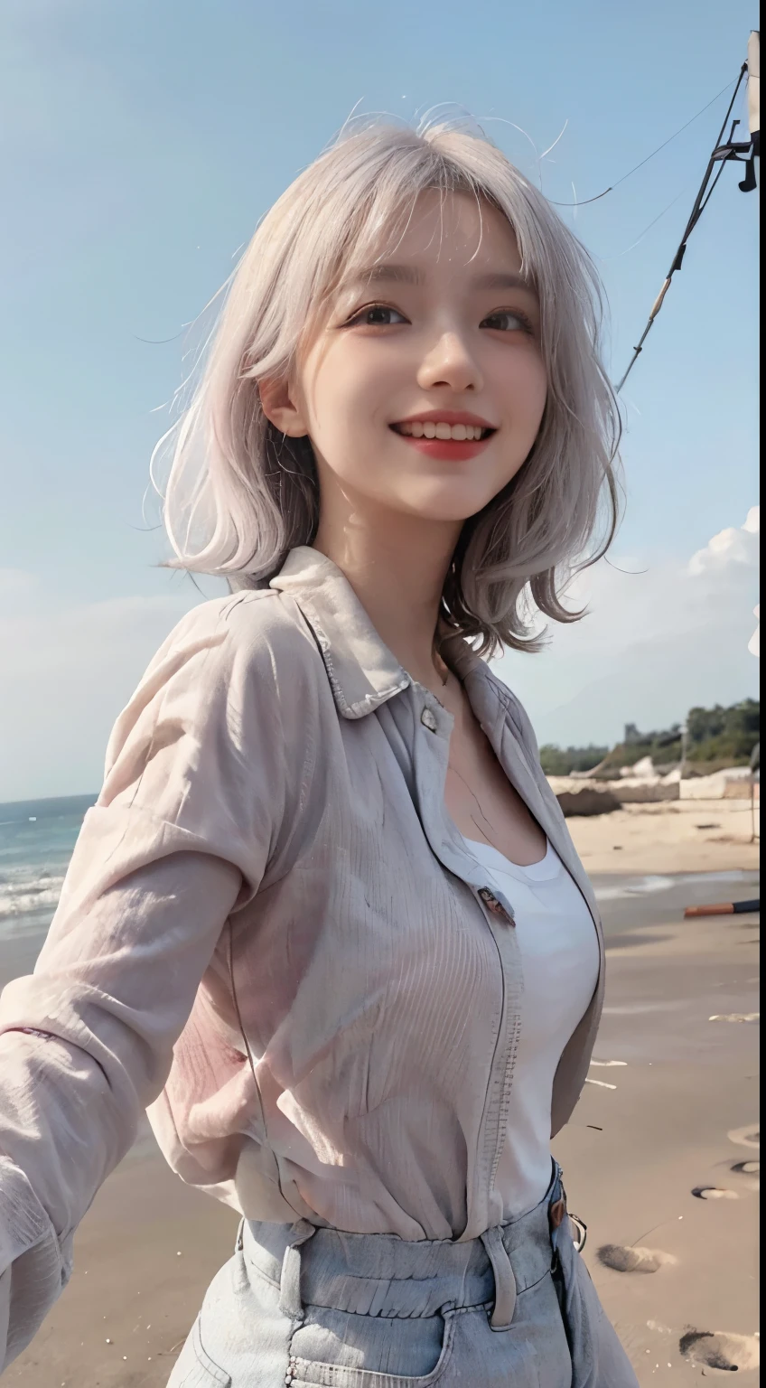 Best image quality、RAW Photos、超A high resolution、21 years old Korean、Small breasts、Dynamic Angle、Cowboy Shot、Chaos in its most beautiful form、elegant、Brutalist Design、Vibrant colors、Beautiful white hair、Short Bob、smile、fun、smile、Glowing White Skin、Beautiful eyes with random colors、Very thin lips、Beautiful eyes in every detail、 Narrow eyes、Cheeks are pale pink、Length eyelashes、Beautiful double eyelids、eye shadow、Bright white hair、Overalls、A thin see-through jacket、Sandy Beach、null、Shooting from below at an angle、Low - Angle、The wind is blowing、Hair fluttering、Uplifting