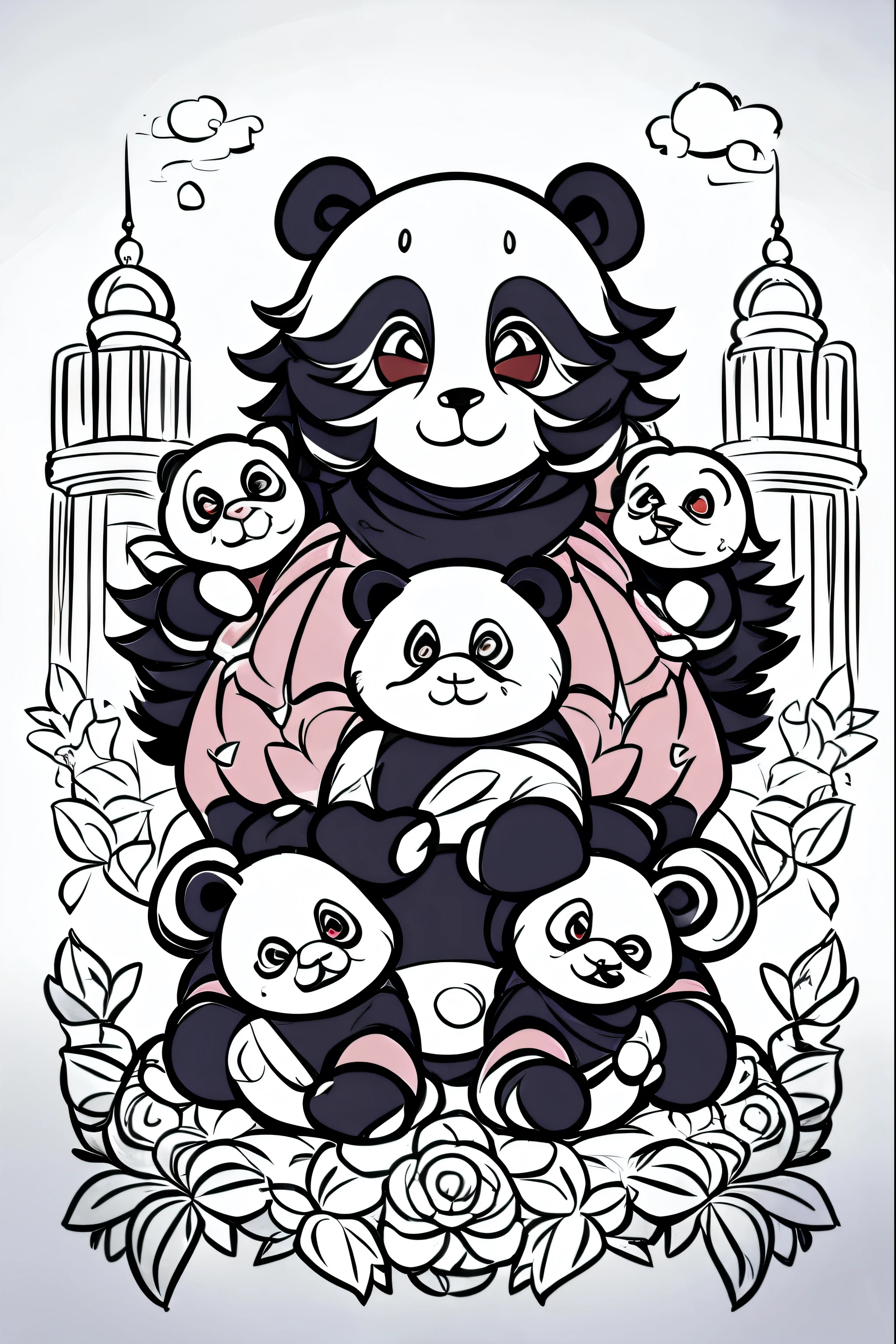 score_9, score_8_up, score_7_up, score_6_up, score_5_up, score_4_up, show accurate, Panda family sightseeing Baldur's Gate 3, masterpiece, coloring-book, Multiple pandas, masterpiece, highly detailed