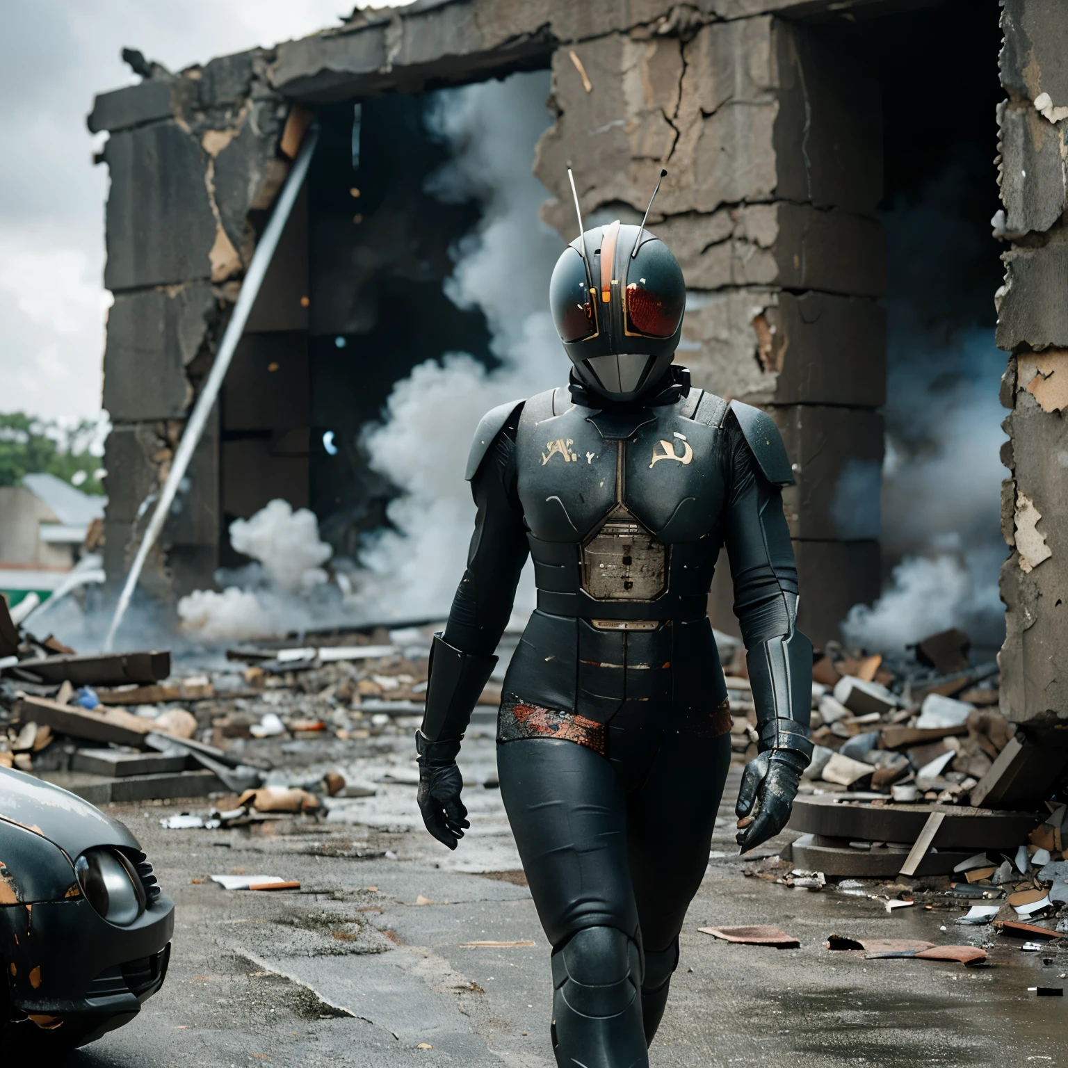 create a realistic photo of a girl indonesian walking in an Kamen Rider Black RX suit without a helmet. there was a destroyed tank exploding behind him.
The i suit worn has scuffs and scratches.
location in the ruins of the city.
sharp focus, Cinematic lighting,hyperdetailed & Unreal engine, detail, realism, photography,cinematography, camera NIKON, lens NIKKOR flagship, masterpiece.    hyper-maximalism, ultradetailed photorealistic, light skin imperfections, final render, vray