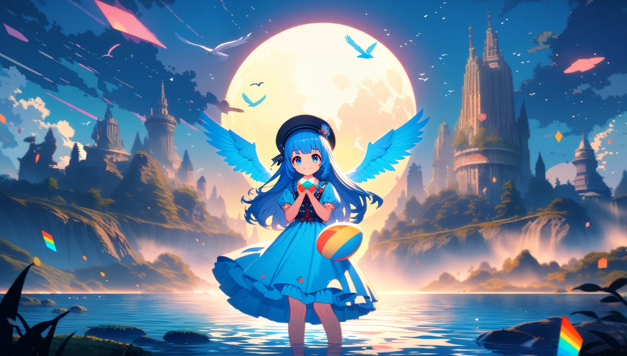 32k, best quality, ultra high res, HDR, UHD, extremely detailed CG, unity 32k wallpaper, A world full of eggs, 18-year-old, Holding a rainbow-colored egg in both hands, Very cute girl, Blue Hair, Long Hair, blue eyes, A beautiful and cute blue dress, from the front, A very beautiful sea background, Standing on the water, Particles that glow blue, bird, cloud, Egg with wings, Close your mouth and smile happily, A cute hat with blue feathers, (wing), full moon, In a retro 3D pixel art style, the cute robot cat with big claws and large guns is depicted with blocky, pixelated shapes and limited color palettes, reminiscent of classic video game graphics. The design evokes a nostalgic feel, with simple yet charming character designs and environments. The background is a pixelated, retro-futuristic landscape with geometric shapes and bright colors, reminiscent of vintage arcade games. This high-quality, high-resolution artwork, ideal for 16k wallpaper and 32k HD HDR, captures the nostalgic appeal of retro 3D pixel art, enhanced by Unreal Engine for smooth animations and vibrant retro visuals.