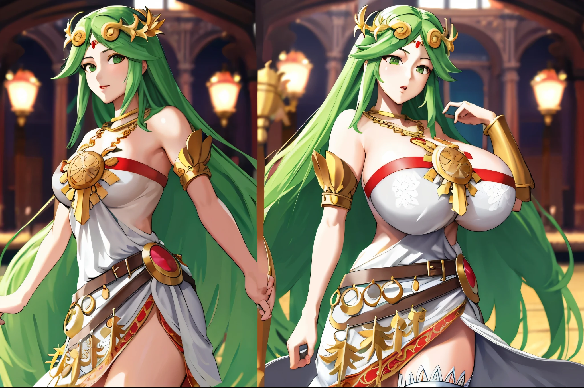 masterpiece, best quality, highres, hmpa1, palutena, parted bangs, tiara, huge breasts, necklace, bare shoulders, strapless dress, vambraces, belt, white dress, white thighhighs, single thighhigh, cowboy shot, standing, BEsequence, multiple girls, same person