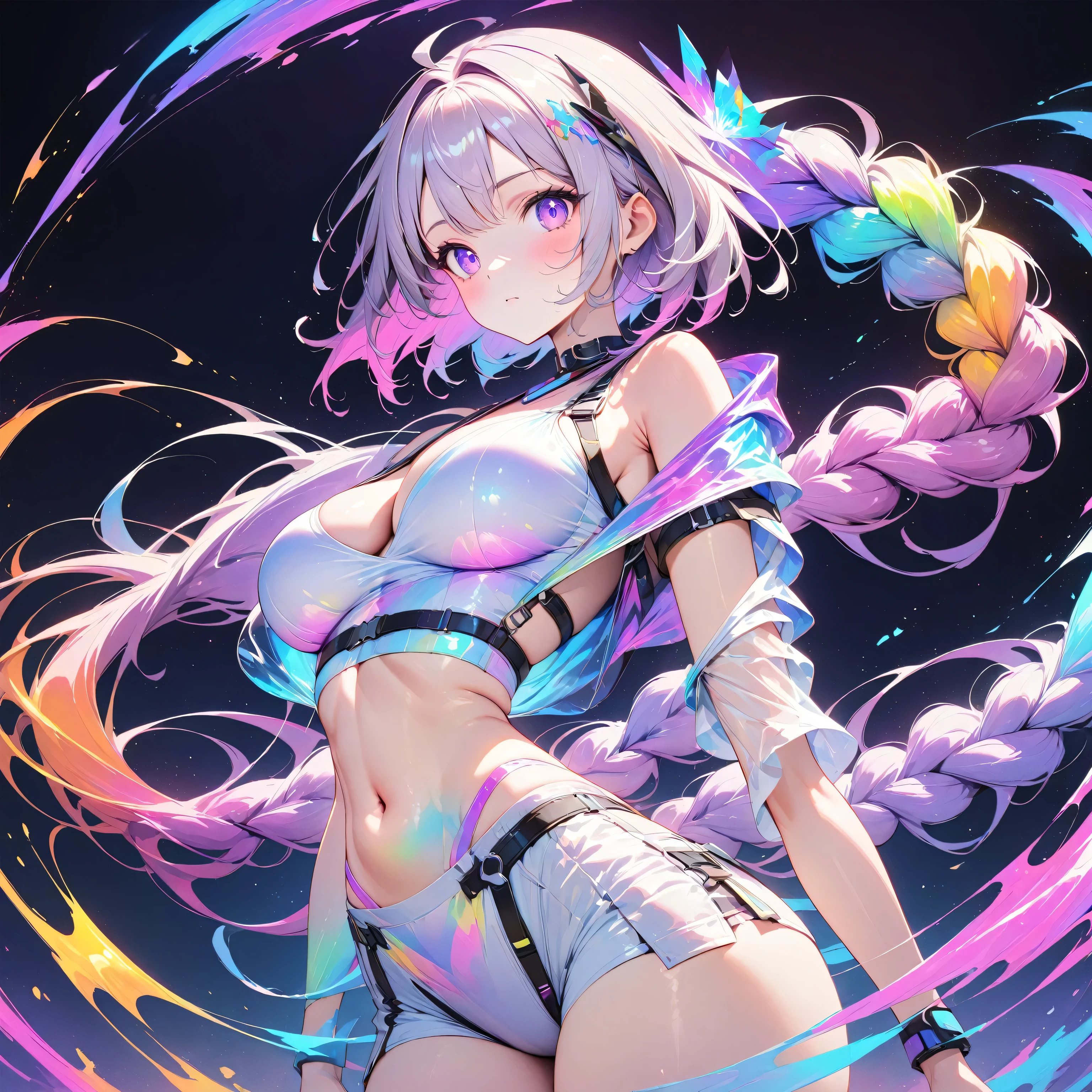 holography, Draw in neon colors:1 girl,yinji,1girl,solo,purple_hair,purple_eyes,very_long_hair,grey_hair,braided_ponytail,large_breasts,gradient_hair,, beautiful, (Very long light purple braided ponytail),Bare shoulders,belly button,Short spats,Silver sports bra,healthy,Expressionless,future,transparent,((Light)), sf, Digital art, Digital, scientific, Dark Background: Draw electronic circuits in neon colors, masterpiece, Digital space, energy, ((beautiful)), masterpiece, 8k, become close, Vibrant, colorful, Nice, Rich colors, beautiful Light Lines. Magical Effects, Sparkling, beautiful Light Grains,Anatomically correct,highest quality, Super quality, 16k, Incredibly absurd,Watercolor painted skin,Very detailed,