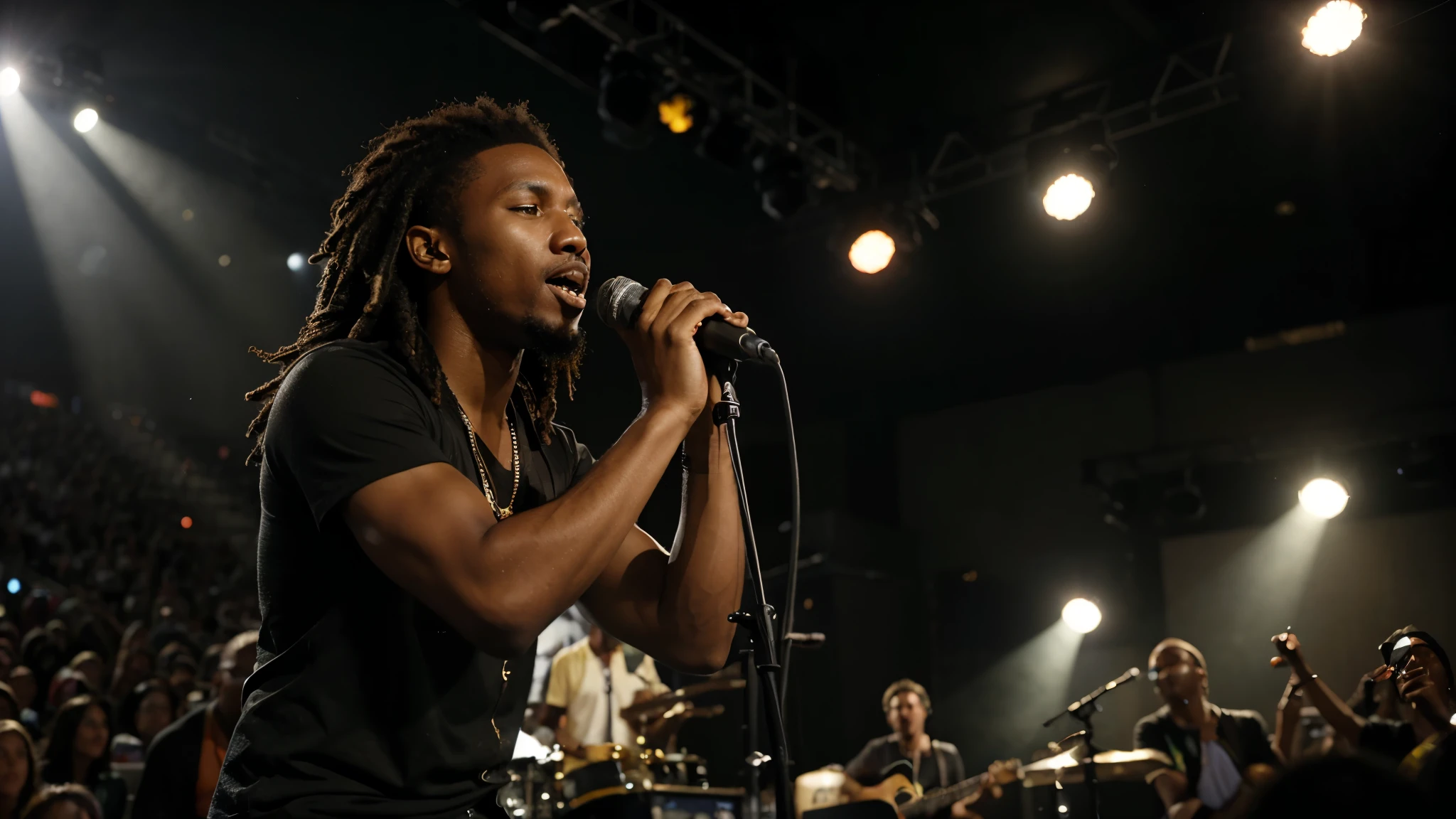 a high definition photo of a male reggae singer singing at a concert, spotlight lighting, at night, high definition, Canon EOS Rebel T100 Camera