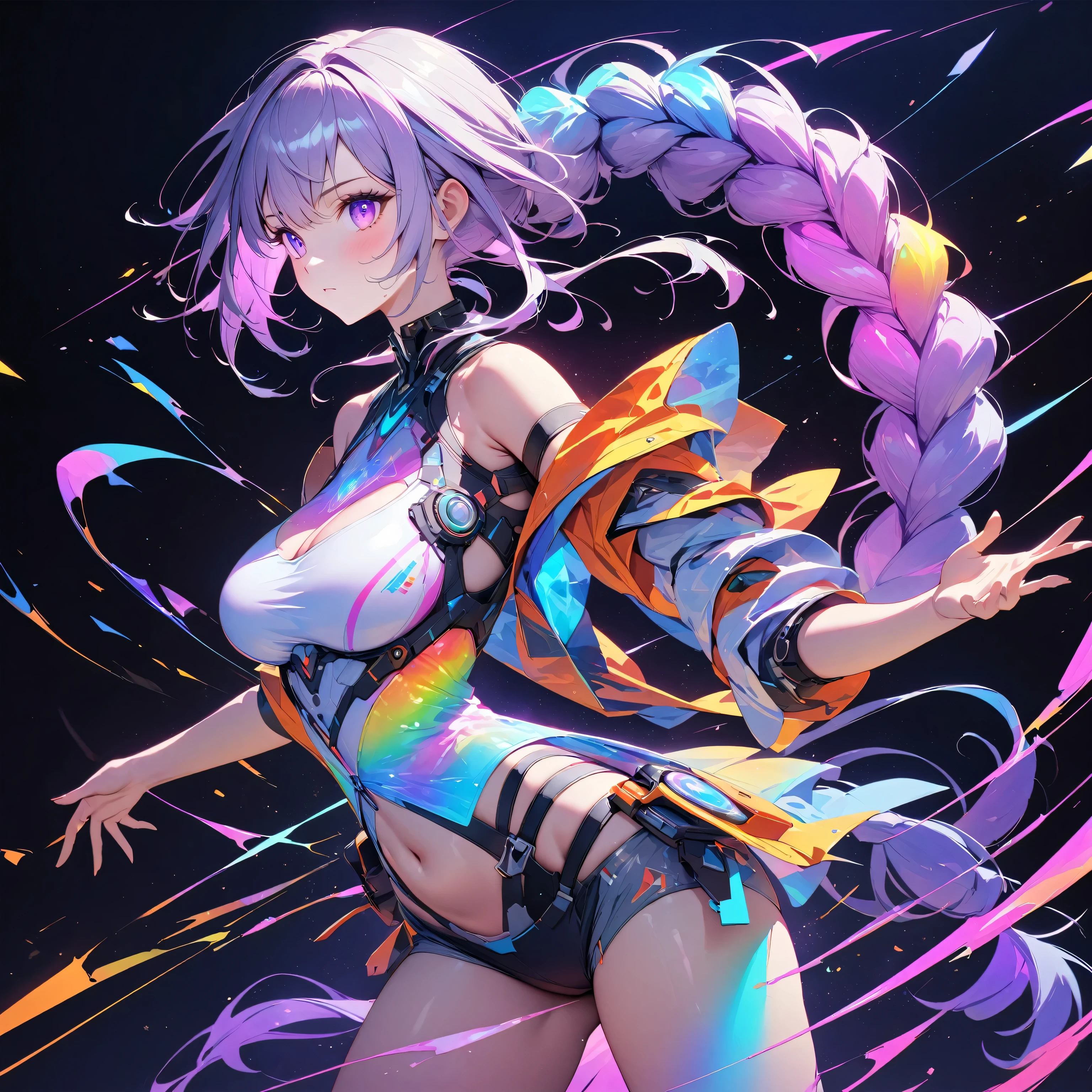 holography, Draw in neon colors:1 girl,yinji,1girl,solo,purple_hair,purple_eyes,very_long_hair,grey_hair,braided_ponytail,large_breasts,gradient_hair,, beautiful, (Very long light purple braided ponytail),Bare shoulders,belly button,Short spats,Silver sports bra,healthy,Expressionless,future,transparent,((Light)), sf, Digital art, Digital, scientific, Dark Background: Draw electronic circuits in neon colors, masterpiece, Digital space, energy, ((beautiful)), masterpiece, 8k, become close, Vibrant, colorful, Nice, Rich colors, beautiful Light Lines. Magical Effects, Sparkling, beautiful Light Grains,Anatomically correct,highest quality, Super quality, 16k, Incredibly absurd,Watercolor painted skin,Very detailed,