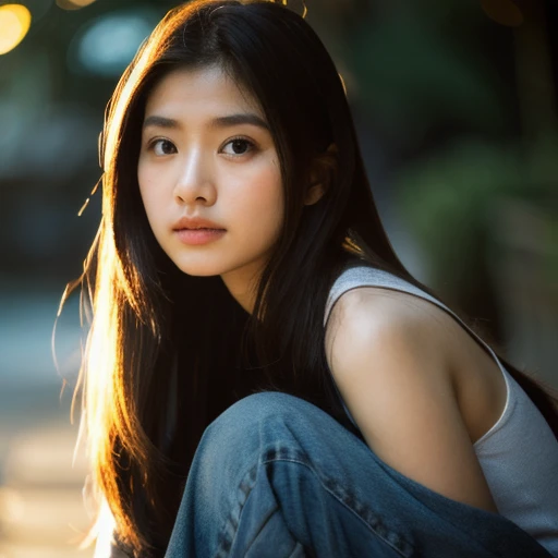 Thai woman, Look at the viewer., long hair, jeans, Looking straight at you intently, alone, กลางแจ้งท้องฟ้ากลางคืนสว่างWarm light,) Warm light,) professional lighting, Sony A7R4, 50mm sessile lens. Warm light ถ่ายด้วยกล้องคุณภาพสูง 45,000,000,000,Pixels, realistic light colors,
