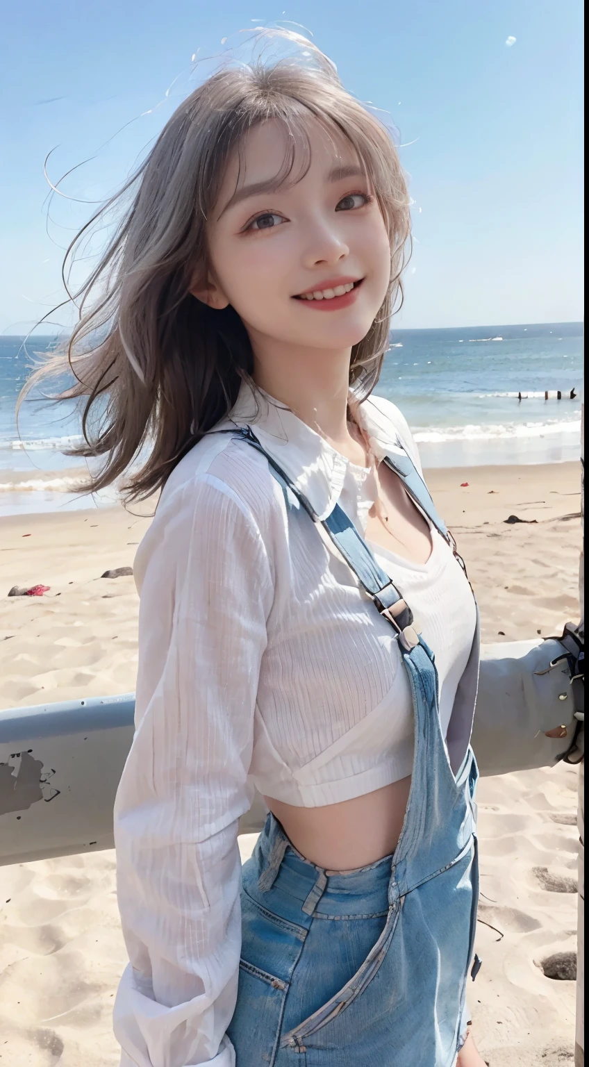 Best image quality、RAW Photos、超A high resolution、21 years old Korean、Small breasts、Dynamic Angle、Cowboy Shot、Chaos in its most beautiful form、elegant、Brutalist Design、Vibrant colors、Beautiful white hair、Short Bob、smile、fun、smile、Glowing White Skin、Beautiful eyes with random colors、Very thin lips、Beautiful eyes in every detail、 Narrow eyes、Cheeks are pale pink、Length eyelashes、Beautiful double eyelids、eye shadow、Bright white hair、Overalls、A thin see-through jacket、Sandy Beach、null、Shooting from below at an angle、Low - Angle、The wind is blowing、Hair fluttering、Uplifting