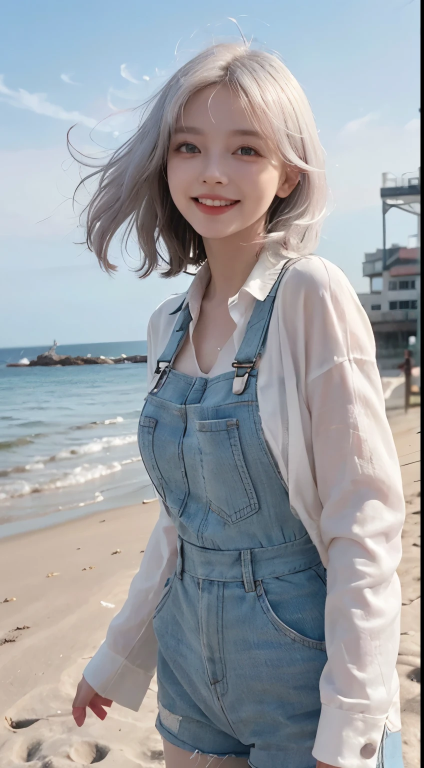 Best image quality、RAW Photos、超A high resolution、21 years old Korean、Small breasts、Dynamic Angle、Cowboy Shot、Chaos in its most beautiful form、elegant、Brutalist Design、Vibrant colors、Beautiful white hair、Short Bob、smile、fun、smile、Glowing White Skin、Beautiful eyes with random colors、Very thin lips、Beautiful eyes in every detail、 Narrow eyes、Cheeks are pale pink、Length eyelashes、Beautiful double eyelids、eye shadow、Bright white hair、Overalls、A thin see-through jacket、Sandy Beach、null、Shooting from below at an angle、Low - Angle、The wind is blowing、Hair fluttering、Uplifting