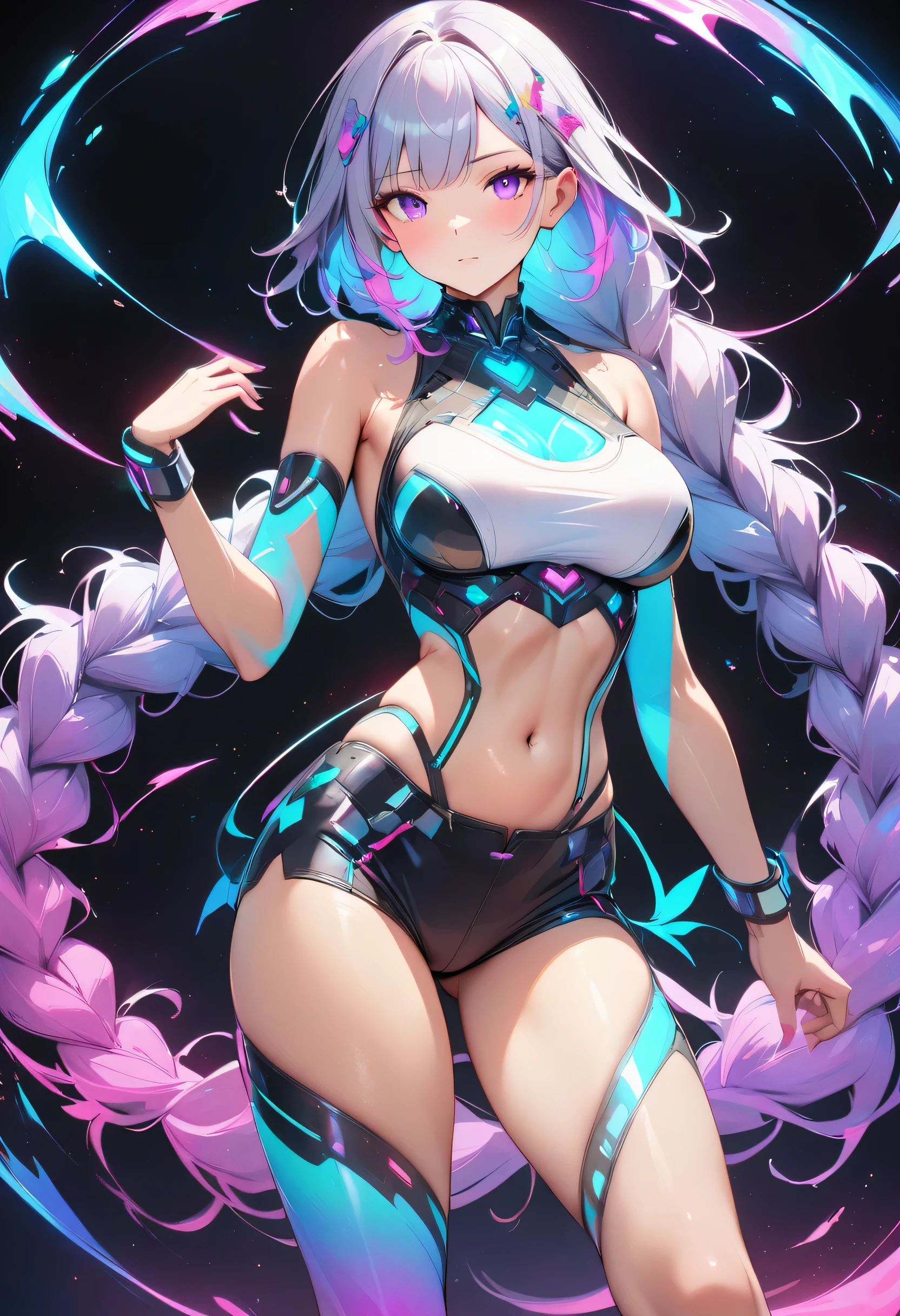 holography, Draw in neon colors:1 girl,yinji,1girl,solo,purple_hair,purple_eyes,very_long_hair,grey_hair,braided_ponytail,large_breasts,gradient_hair,, beautiful, (Very long braided light purple hair),Bare shoulders,belly button,Short spats,Silver sports bra,healthy,Expressionless,future,transparent,((Light)), sf, Digital art, Digital, scientific, Dark Background: Draw electronic circuits in neon colors, masterpiece, Digital space, energy, ((beautiful)), masterpiece, 8k, become close, Vibrant, colorful, Nice, Rich colors, beautiful Light Lines. Magical Effects, Sparkling, beautiful Light Grains,Anatomically correct,highest quality, Super quality, 16k, Incredibly absurd,Watercolor painted skin,Very detailed,