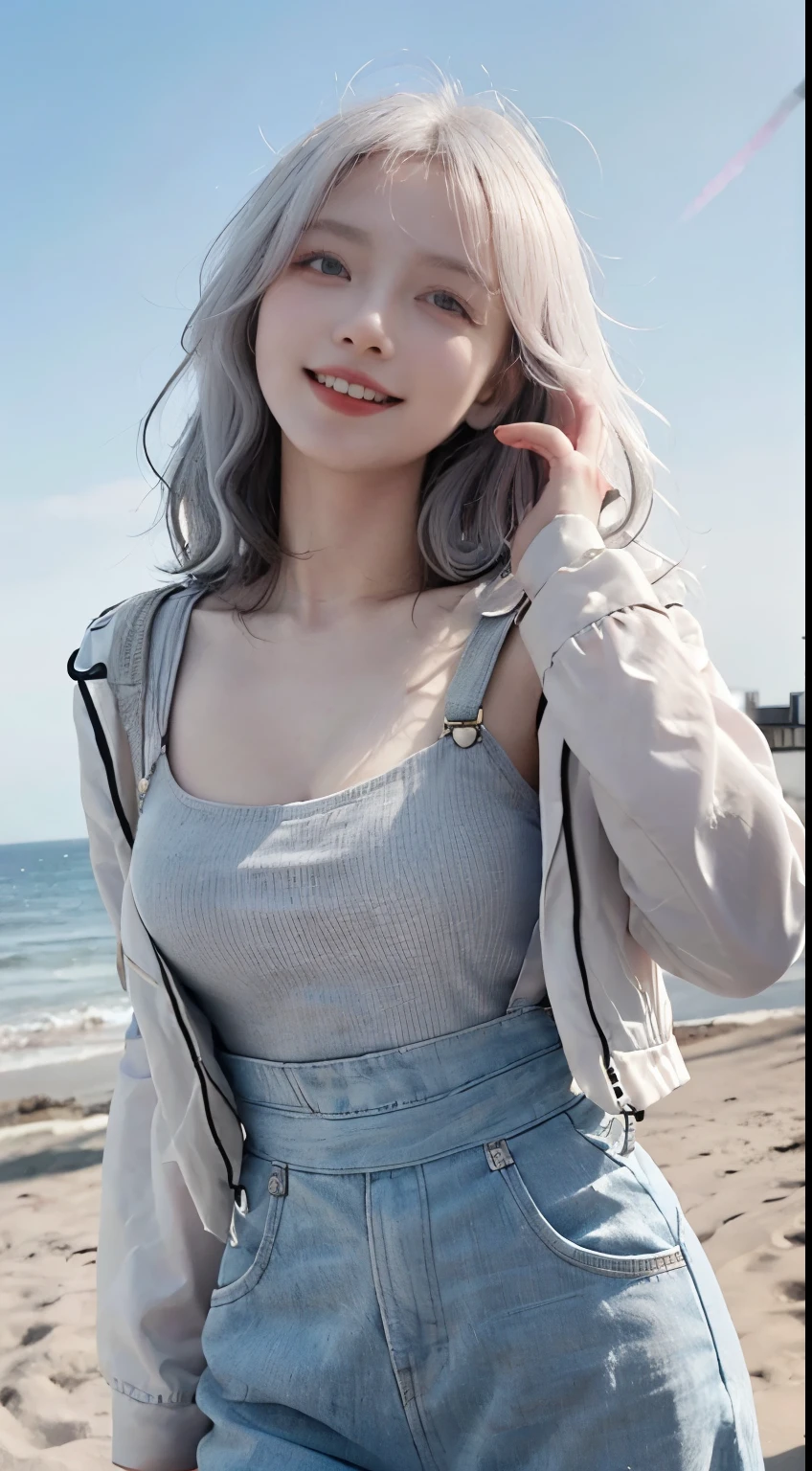 Best image quality、RAW Photos、超A high resolution、21 years old Korean、Small breasts、Dynamic Angle、Cowboy Shot、Chaos in its most beautiful form、elegant、Brutalist Design、Vibrant colors、Beautiful white hair、Short Bob、smile、fun、smile、Glowing White Skin、Beautiful eyes with random colors、Very thin lips、Beautiful eyes in every detail、 Narrow eyes、Cheeks are pale pink、Length eyelashes、Beautiful double eyelids、eye shadow、Bright white hair、Overalls、A thin see-through jacket、Sandy Beach、null、Shooting from below at an angle、Low - Angle、The wind is blowing、Hair fluttering、Uplifting