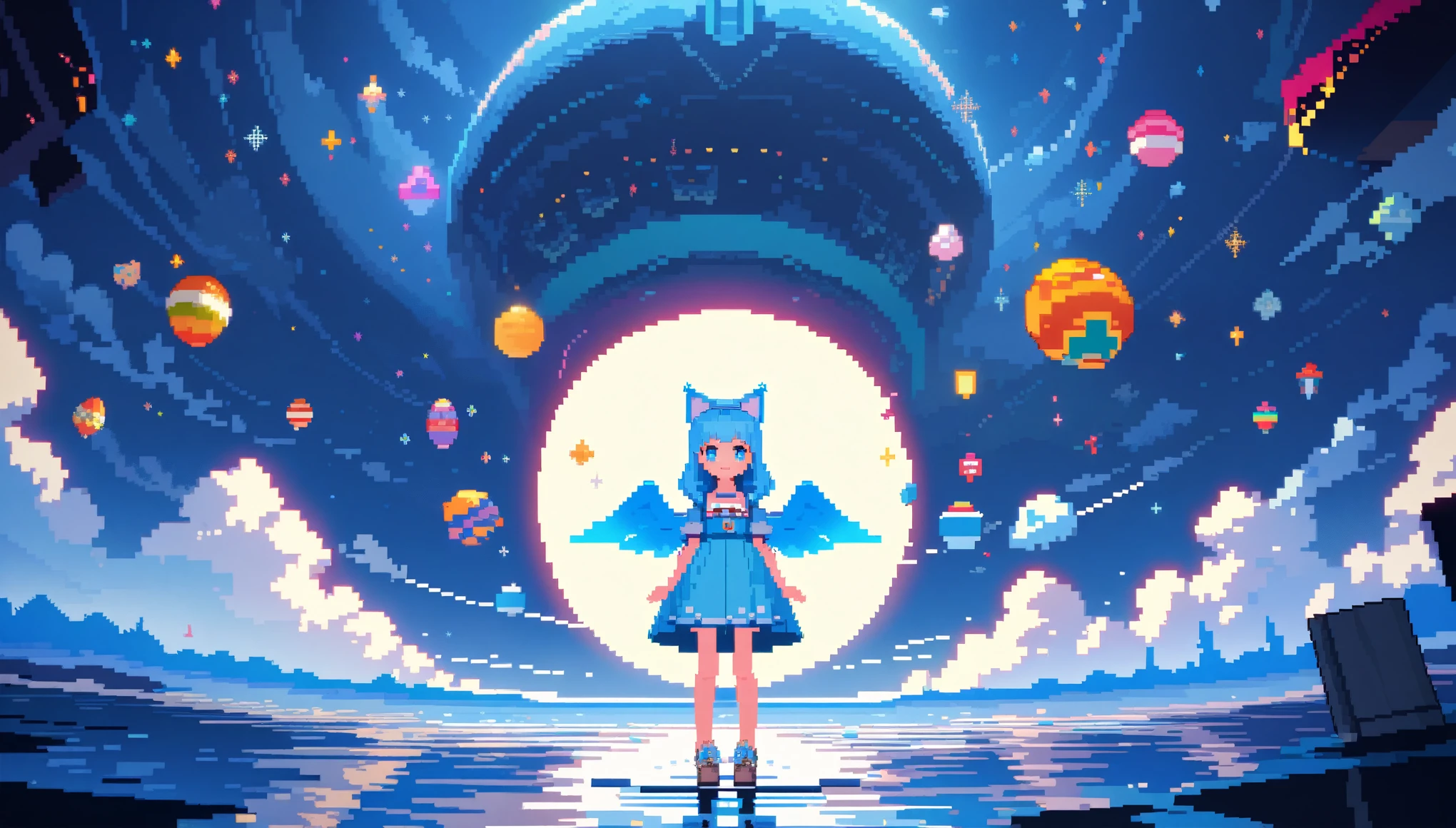 32k, best quality, ultra high res, HDR, UHD, extremely detailed CG, unity 32k wallpaper, A world full of eggs, 18-year-old, Holding a rainbow-colored egg in both hands, Very cute girl, Blue Hair, Long Hair, blue eyes, A beautiful and cute blue dress, from the front, A very beautiful sea background, Standing on the water, Particles that glow blue, bird, cloud, Egg with wings, Close your mouth and smile happily, A cute hat with blue feathers, (wing), full moon, In a retro 3D pixel art style, the cute robot cat with big claws and large guns is depicted with blocky, pixelated shapes and limited color palettes, reminiscent of classic video game graphics. The design evokes a nostalgic feel, with simple yet charming character designs and environments. The background is a pixelated, retro-futuristic landscape with geometric shapes and bright colors, reminiscent of vintage arcade games. This high-quality, high-resolution artwork, ideal for 16k wallpaper and 32k HD HDR, captures the nostalgic appeal of retro 3D pixel art, enhanced by Unreal Engine for smooth animations and vibrant retro visuals.