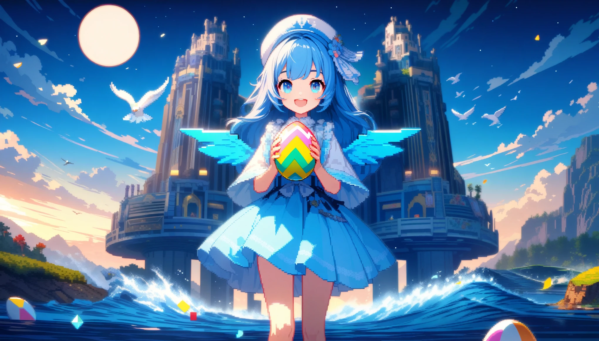32k, best quality, ultra high res, HDR, UHD, extremely detailed CG, unity 32k wallpaper, A world full of eggs, 18-year-old, Holding a rainbow-colored egg in both hands, Very cute girl, Blue Hair, Long Hair, blue eyes, A beautiful and cute blue dress, from the front, A very beautiful sea background, Standing on the water, Particles that glow blue, bird, cloud, Egg with wings, Close your mouth and smile happily, A cute hat with blue feathers,  (wing), full moon, In a retro 3D pixel art style, the cute robot cat with big claws and large guns is depicted with blocky, pixelated shapes and limited color palettes, reminiscent of classic video game graphics. The design evokes a nostalgic feel, with simple yet charming character designs and environments. The background is a pixelated, retro-futuristic landscape with geometric shapes and bright colors, reminiscent of vintage arcade games. This high-quality, high-resolution artwork, ideal for 16k wallpaper and 32k HD HDR, captures the nostalgic appeal of retro 3D pixel art, enhanced by Unreal Engine for smooth animations and vibrant retro visuals.