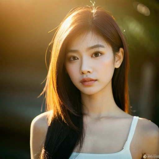 Thai woman, Look at the viewer., long hair,, Looking straight at you intently, alone, กลางแจ้งท้องฟ้ากลางคืนสว่างWarm light,) Warm light,) professional lighting, Sony A7R4, 50mm sessile lens. Warm light ถ่ายด้วยกล้องคุณภาพสูง 45,000,000,000,Pixels, realistic light colors,