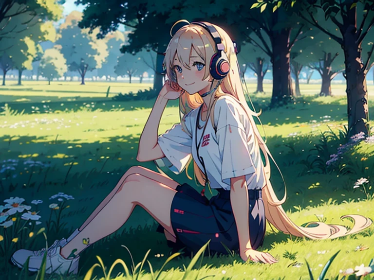 anime girl with headphones in a field of grass and trees, sitting in grass, anime style 4 k, beautiful anime girl, anime visual of a cute girl, cute anime girl, anime girl with long hair, anime wallpaper 4 k, anime wallpaper 4k, nightcore, anime vibes, anime picture, anime art wallpaper 4 k, anime art wallpaper 4k, (anime girl), happy, smile face,