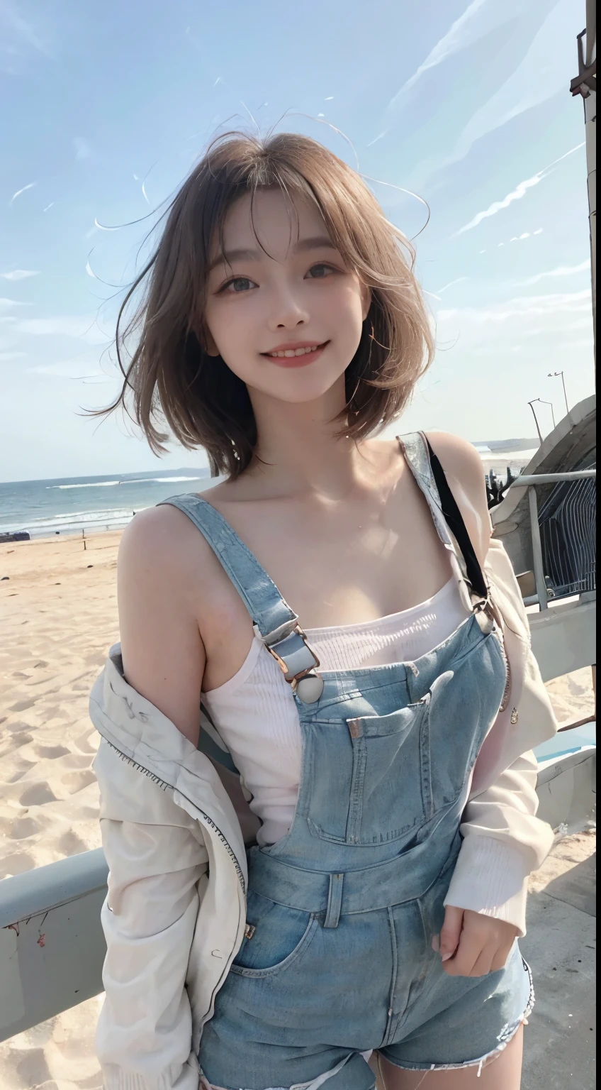 Best image quality、RAW Photos、超A high resolution、21 years old Korean、Small breasts、Dynamic Angle、Cowboy Shot、Chaos in its most beautiful form、elegant、Brutalist Design、Vibrant colors、Beautiful white hair、Short Bob、smile、fun、smile、Glowing White Skin、Beautiful eyes with random colors、Very thin lips、Beautiful eyes in every detail、 Narrow eyes、Cheeks are pale pink、Length eyelashes、Beautiful double eyelids、eye shadow、Bright white hair、Overalls、A thin see-through jacket、Sandy Beach、null、Shooting from below at an angle、Low - Angle、The wind is blowing、Hair fluttering、Uplifting