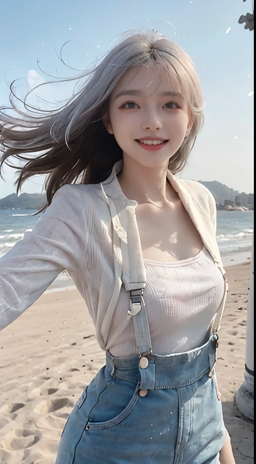 Best image quality、RAW Photos、超A high resolution、21 years old Korean、Small breasts、Dynamic Angle、Cowboy Shot、Chaos in its most beautiful form、elegant、Brutalist Design、Vibrant colors、Beautiful white hair、Short Bob、smile、fun、smile、Glowing White Skin、Beautiful eyes with random colors、Very thin lips、Beautiful eyes in every detail、 Narrow eyes、Cheeks are pale pink、Length eyelashes、Beautiful double eyelids、eye shadow、Bright white hair、Overalls、A thin see-through jacket、Sandy Beach、null、Shooting from below at an angle、Low - Angle、The wind is blowing、Hair fluttering、Uplifting