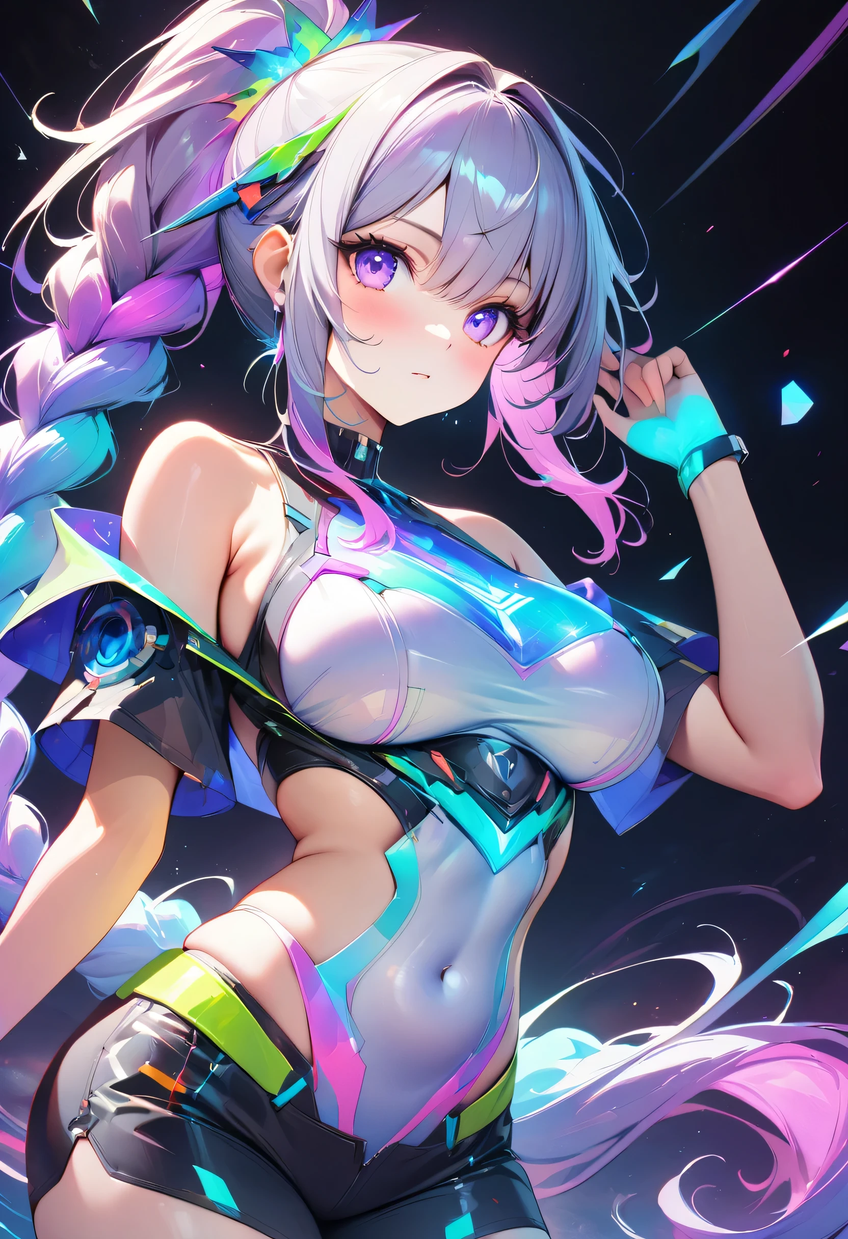 holography, Draw in neon colors:1 girl,yinji,1girl,solo,purple_hair,purple_eyes,very_long_hair,grey_hair,braided_ponytail,large_breasts,gradient_hair,, beautiful, Very long light purple braided ponytail,Bare shoulders,belly button,Short spats,Silver sports bra,healthy,Expressionless,future,transparent,((Light)), sf, Digital art, Digital, scientific, Dark Background: Draw electronic circuits in neon colors, masterpiece, Digital space, energy, ((beautiful)), masterpiece, 8k, become close, Vibrant, colorful, Nice, Rich colors, beautiful Light Lines. Magical Effects, Sparkling, beautiful Light Grains,Anatomically correct,highest quality, Super quality, 16k, Incredibly absurd,Watercolor painted skin,Very detailed,