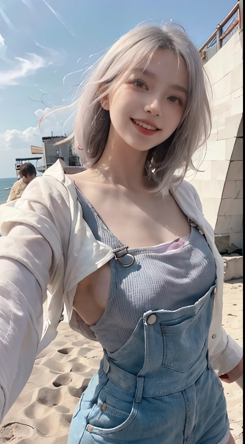 Best image quality、RAW Photos、超A high resolution、21 years old Korean、Small breasts、Dynamic Angle、Cowboy Shot、Chaos in its most beautiful form、elegant、Brutalist Design、Vibrant colors、Beautiful white hair、Short Bob、smile、fun、smile、Glowing White Skin、Beautiful eyes with random colors、Very thin lips、Beautiful eyes in every detail、 Narrow eyes、Cheeks are pale pink、Length eyelashes、Beautiful double eyelids、eye shadow、Bright white hair、Overalls、A thin see-through jacket、Sandy Beach、null、Shooting from below at an angle、Low - Angle、The wind is blowing、Hair fluttering、Uplifting