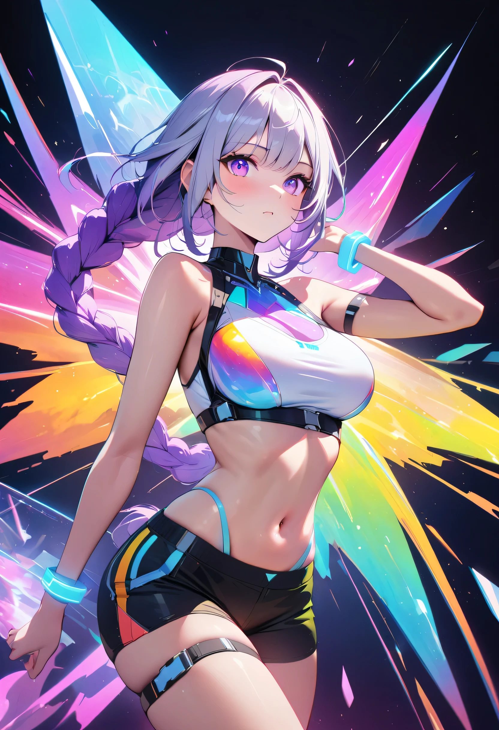 holography, Draw in neon colors:1 girl,yinji,1girl,solo,purple_hair,purple_eyes,very_long_hair,grey_hair,braided_ponytail,large_breasts,gradient_hair,, beautiful, Very long light purple braided ponytail,Bare shoulders,belly button,Short spats,Silver sports bra,healthy,Expressionless,future,transparent,((Light)), sf, Digital art, Digital, scientific, Dark Background: Draw electronic circuits in neon colors, masterpiece, Digital space, energy, ((beautiful)), masterpiece, 8k, become close, Vibrant, colorful, Nice, Rich colors, beautiful Light Lines. Magical Effects, Sparkling, beautiful Light Grains,Anatomically correct,highest quality, Super quality, 16k, Incredibly absurd,Watercolor painted skin,Very detailed,