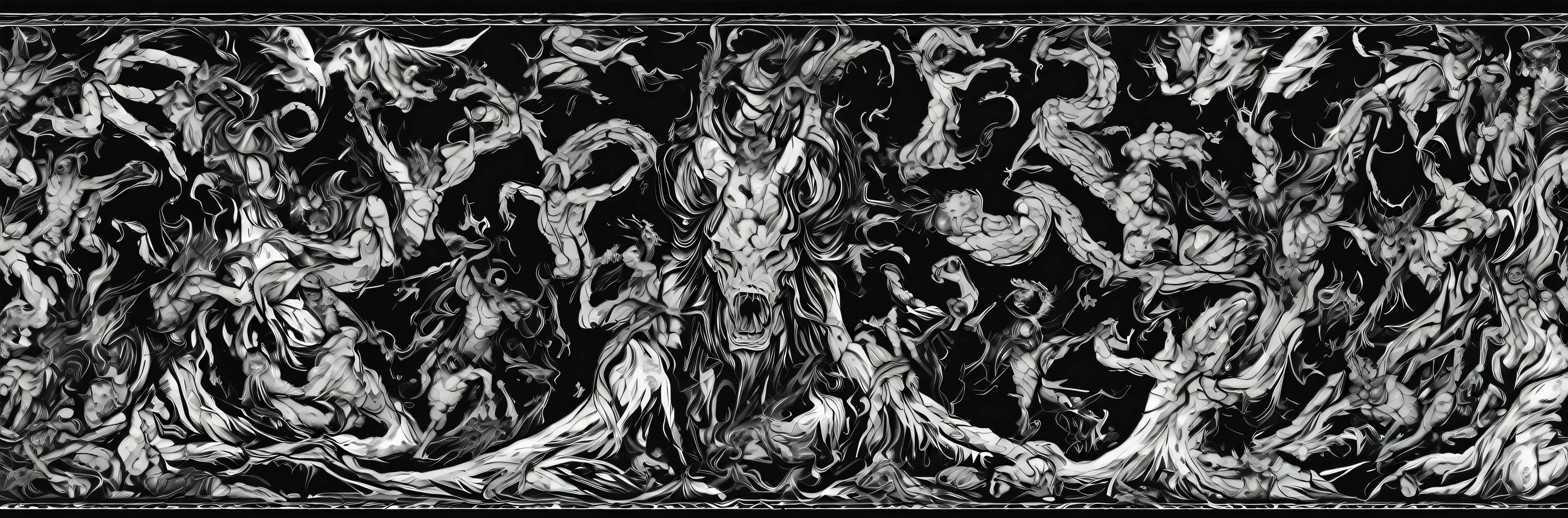 hell fire, demons, in border, vector digital illustration, (black background:1.5)