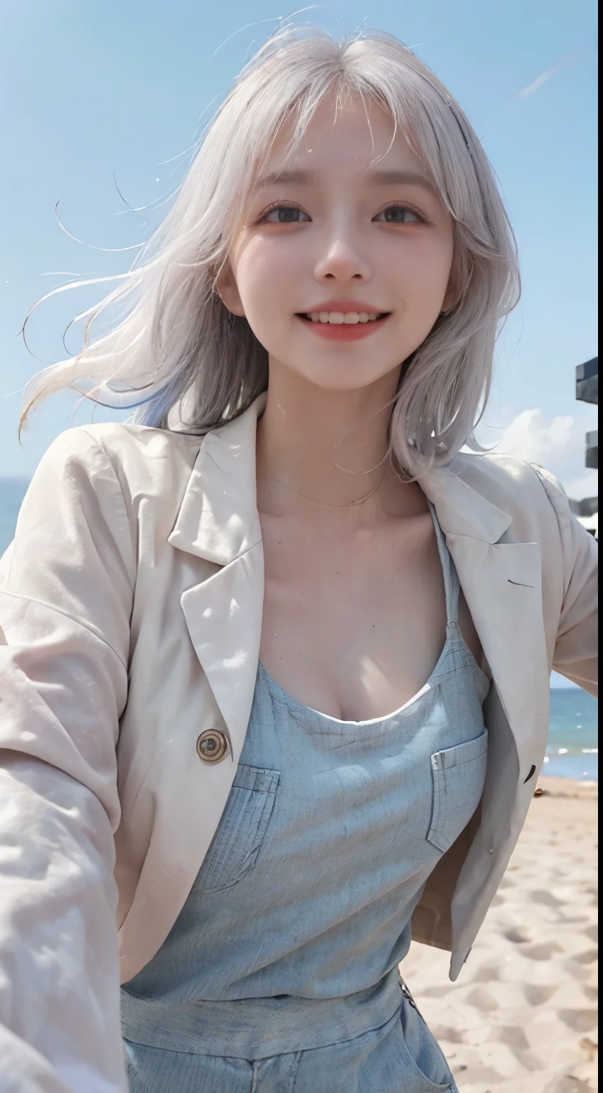 Best image quality、RAW Photos、超A high resolution、21 years old Korean、Small breasts、Dynamic Angle、Cowboy Shot、Chaos in its most beautiful form、elegant、Brutalist Design、Vibrant colors、Beautiful white hair、Short Bob、smile、fun、smile、Glowing White Skin、Beautiful eyes with random colors、Very thin lips、Beautiful eyes in every detail、 Narrow eyes、Cheeks are pale pink、Length eyelashes、Beautiful double eyelids、eye shadow、Bright white hair、Overalls、A thin see-through jacket、Sandy Beach、null、Shooting from below at an angle、Low - Angle、The wind is blowing、Hair fluttering、Uplifting