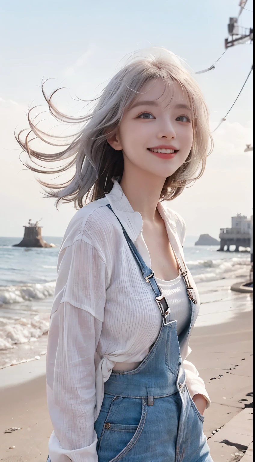 Best image quality、RAW Photos、超A high resolution、21 years old Korean、Small breasts、Dynamic Angle、Cowboy Shot、Chaos in its most beautiful form、elegant、Brutalist Design、Vibrant colors、Beautiful white hair、Short Bob、smile、fun、smile、Glowing White Skin、Beautiful eyes with random colors、Very thin lips、Beautiful eyes in every detail、 Narrow eyes、Cheeks are pale pink、Length eyelashes、Beautiful double eyelids、eye shadow、Bright white hair、Overalls、A thin see-through jacket、Sandy Beach、null、Shooting from below at an angle、Low - Angle、The wind is blowing、Hair fluttering、Uplifting