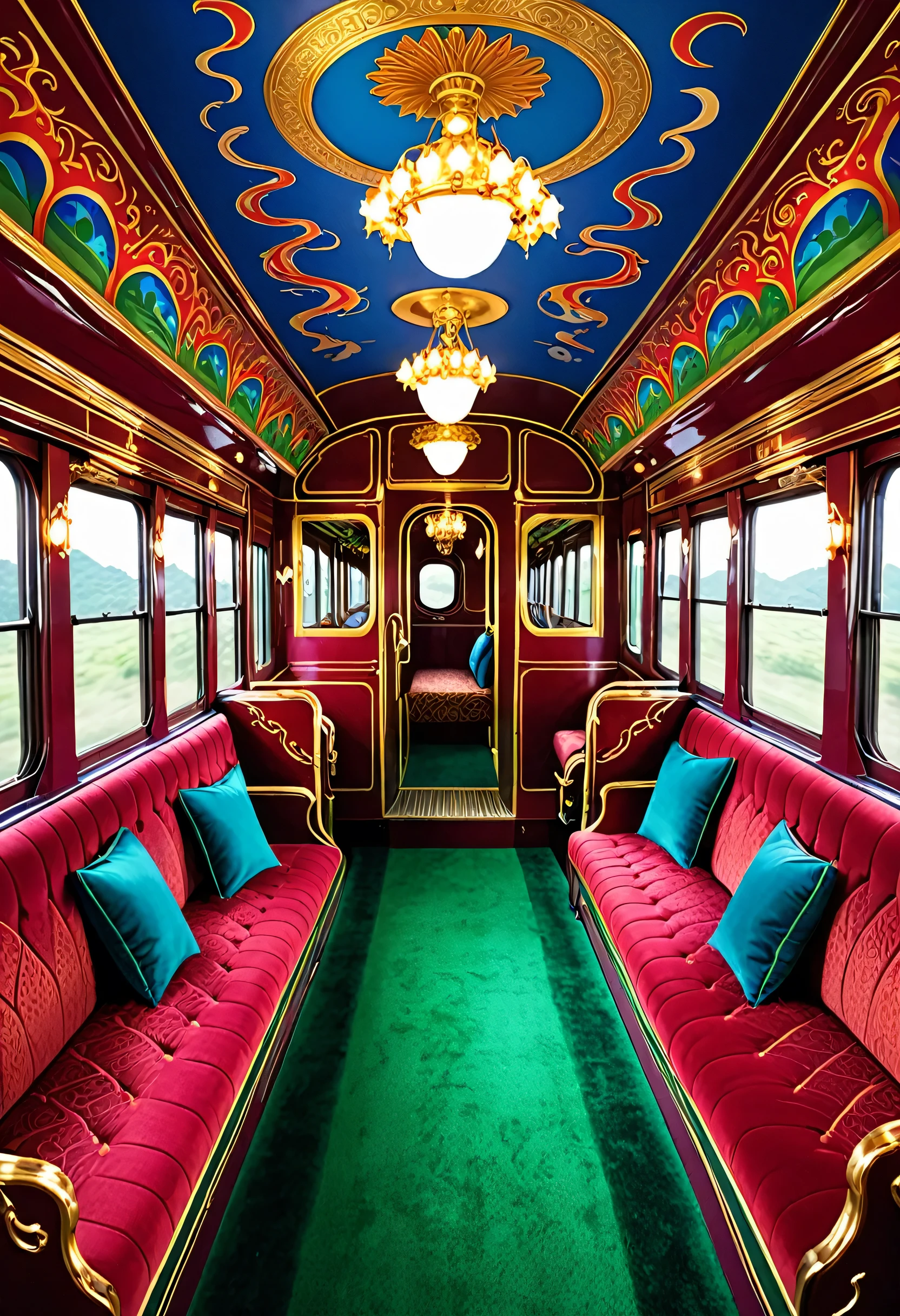 Uses effects like glowing stars and holograms、A colorful steam locomotive running through a magical land、night、A gorgeous locomotive decorated with colorful dragon and phoenix carvings、star々In the shining night sky、A locomotive running on a rainbow-colored road、The interior of the carriage is decorated with luxurious chandeliers and carpets.、Emerald green、Sapphire Blue、Ruby red and other jewel-like colors