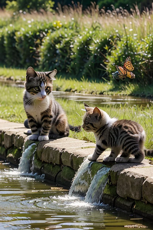Two chubby kittens with white background,Chasing butterflies and playing on the grassland,There is a shallow stream next to it,The cat accidentally fell into the stream,When one of the kittens got up from the water,There is a small fish jumping on the head