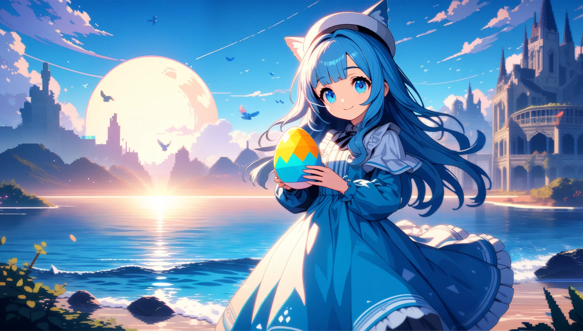 32k, best quality, ultra high res, HDR, UHD, extremely detailed CG, unity 32k wallpaper, A world full of eggs, 18-year-old, Holding a rainbow-colored egg in both hands, Very cute girl, Blue Hair, Long Hair, blue eyes, A beautiful and cute blue dress, from the front, A very beautiful sea background, Standing on the water, Particles that glow blue, bird, cloud, Egg with wings, Close your mouth and smile happily, A cute hat with blue feathers,  (wing), full moon, In a retro 3D pixel art style, the cute robot cat with big claws and large guns is depicted with blocky, pixelated shapes and limited color palettes, reminiscent of classic video game graphics. The design evokes a nostalgic feel, with simple yet charming character designs and environments. The background is a pixelated, retro-futuristic landscape with geometric shapes and bright colors, reminiscent of vintage arcade games. This high-quality, high-resolution artwork, ideal for 16k wallpaper and 32k HD HDR, captures the nostalgic appeal of retro 3D pixel art, enhanced by Unreal Engine for smooth animations and vibrant retro visuals.