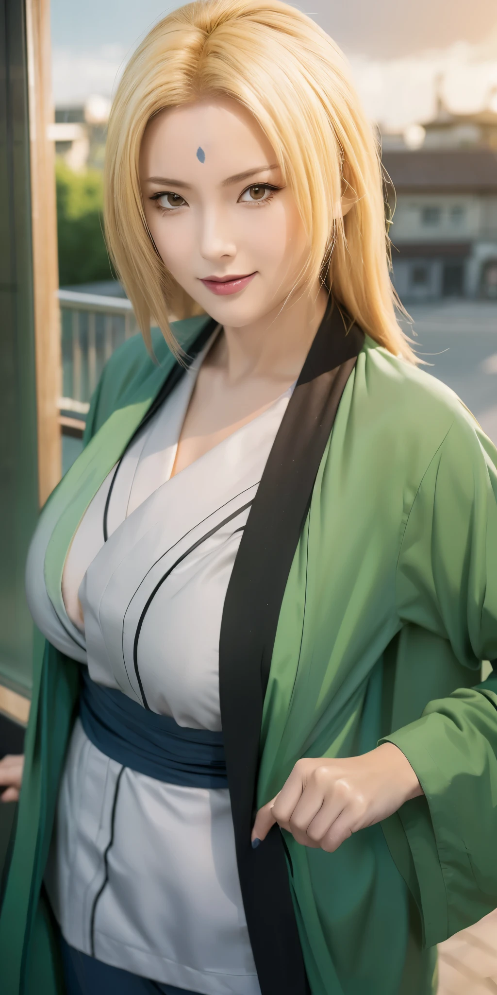 Tsunade ,make an anime photo into a realistic photo, add a kimono style, striking blonde hair, beautiful girl with natural make-up, smooth skin, rather large breasts, thin smile. super detailed face, quality debes, perfect actor/character, high resolution, medium short ,body details ,realistic ,cute girl , Raven-(Teen Titans) detail