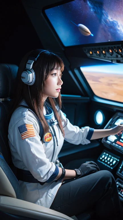 A beautiful girl piloting an interplanetary space shuttle rocket,outer space, cockpit like a set from a science fiction movie,