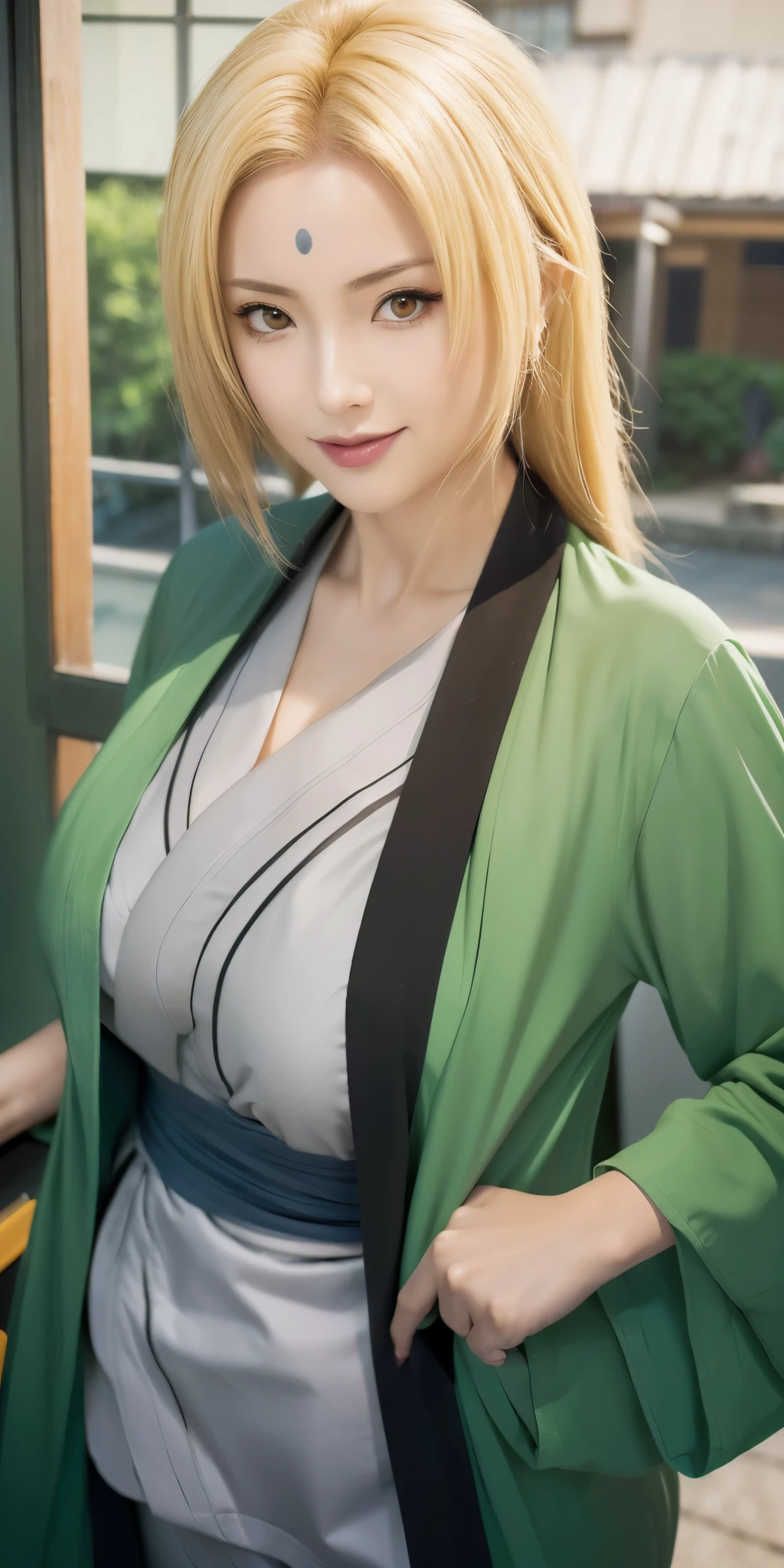 Tsunade ,make an anime photo into a realistic photo, add a kimono style, striking blonde hair, beautiful girl with natural make-up, smooth skin, rather large breasts, thin smile. super detailed face, quality debes, perfect actor/character, high resolution, medium short ,body details ,realistic ,cute girl , Raven-(Teen Titans) detail