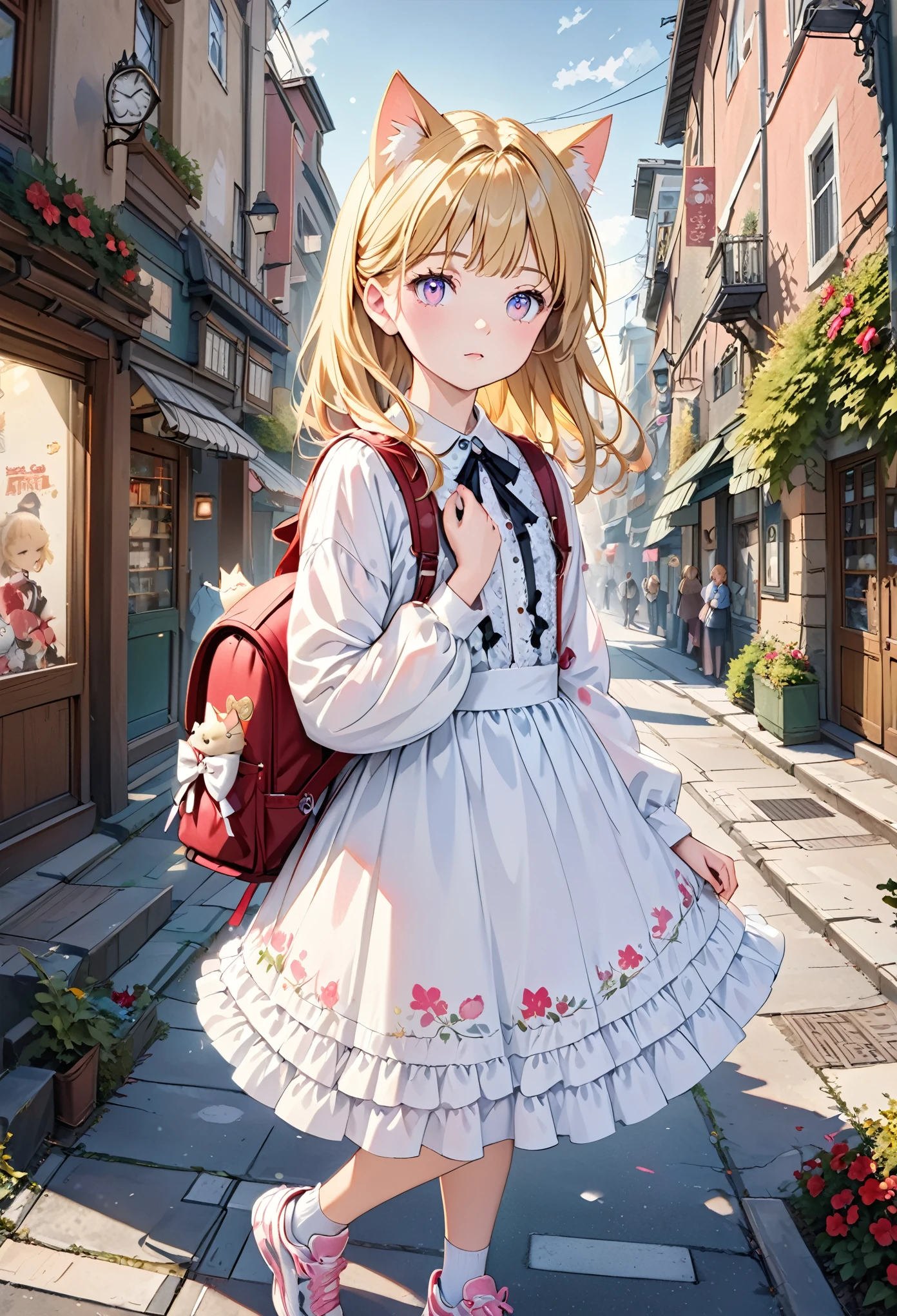 Exquisite details, 8K Photo, Surrealism, Professional lighting, Realistic background, visual depth, Background Bokeh, Wide-angle lens, whole body, (13 years old, Lovely, Change, flat chest, Cat ears), 1 Girl, Colored eyes, Blonde Hair, (Lolita Fashion: 1.5), (Lace, Ruffled shirt, White petticoat, sports shoes), (Plush Toys), pink Lovely backpack, street, Fashion