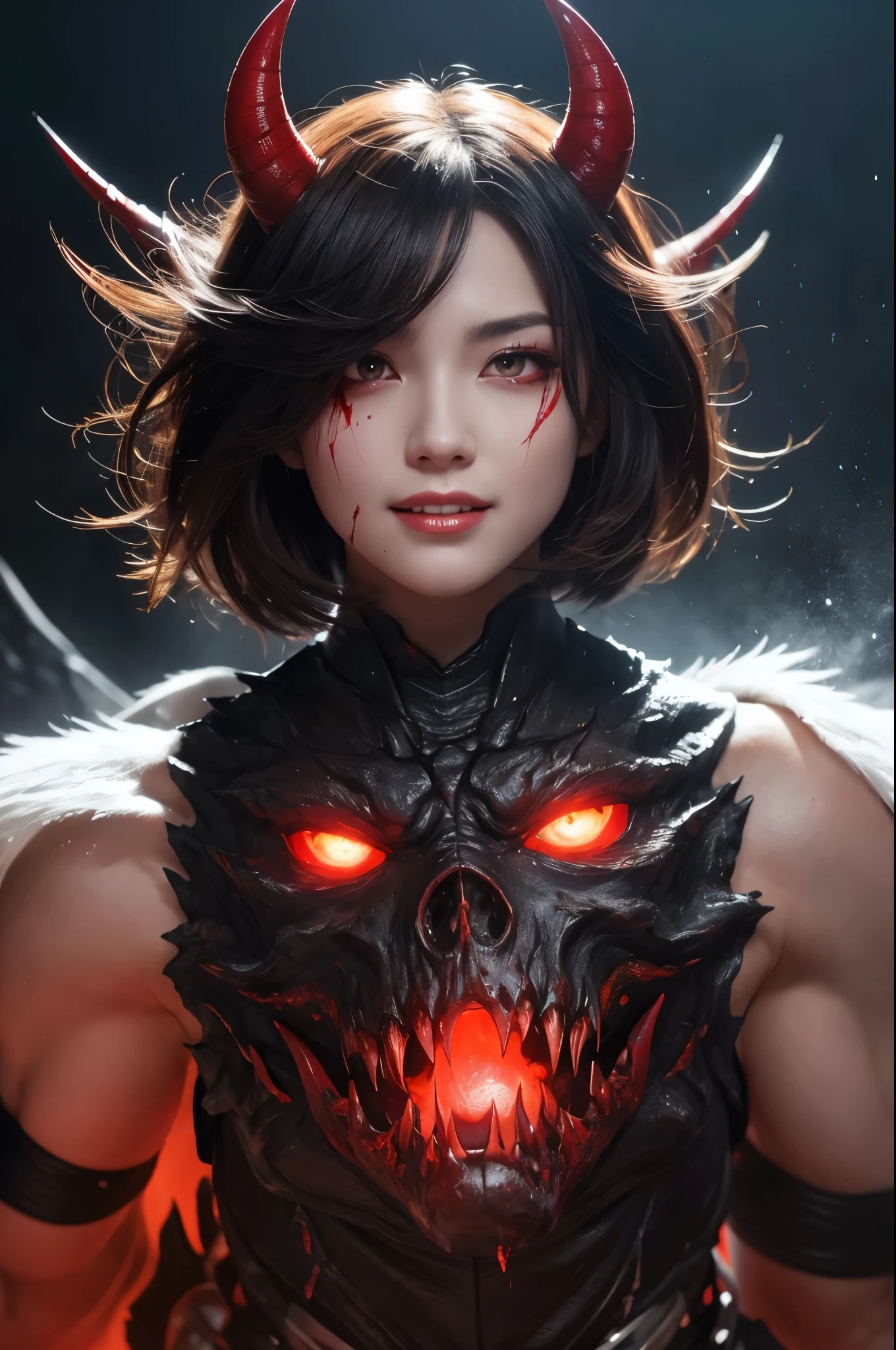 8K,A demon of the abyss with large fangs.,Devil horns,Scary face,Strong and bulging muscles,Strong Macho,Tattered Gauntlets,Strong and big fist,Bright Red Eyes,Abyssal Land,Perfect Anatomy,charm,Volume measurement,Body balance,Digital single-lens reflex camera, Soft lighting, Detailed Background, Written boundary depth, Volumetric lighting, Sharp focus, Absurd, Realistic proportions, Excellent anatomy, (Realistic, 超Realistic:1.4), 16K HDR, dawn,A High Resolution,super Realistic 肌,Super beautiful expression,Fantasy art,Character Art,Wind effects:1.9、Cloud Effect:1.2、Full Rendering、Professional quality high resolution、Perfect contrast、Perfect lighting、Perfect composition、Perfect Skin、Perfect Fingers、Perfect breasts、Perfect Hair、Perfect Face、Realistic facial features,super highest quality,Slim figure,Perfect body line,Perfect hand shape,Anatomical body balance,Highly detailed face,Highly detailed eyes,Beautiful Lips,Excellent light particles,Cinema Lighting,Makeup,Ultra-high resolution,Ultra-Realistic Skin,Dynamic pose,Bright Red Eyes,Bathing the whole body with blood,Pump Up,Beastly smile,Sharp Eyes,Bloody,Blood splattered on face,