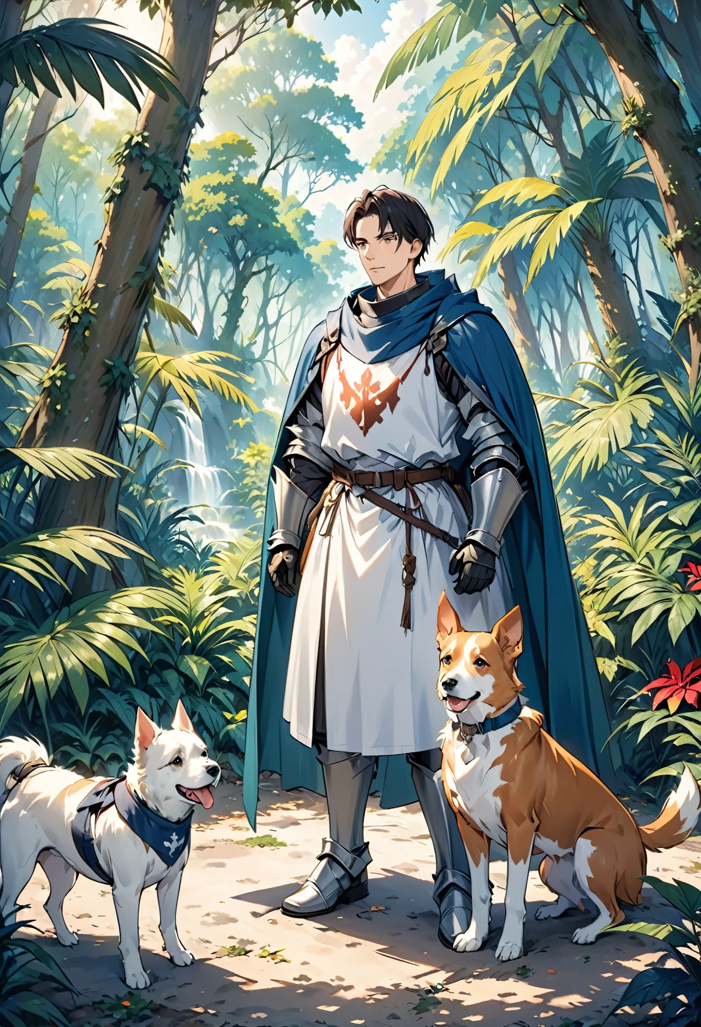 A man in a knight costume with his dog in a tropical forest, high quality, Reality, 8K