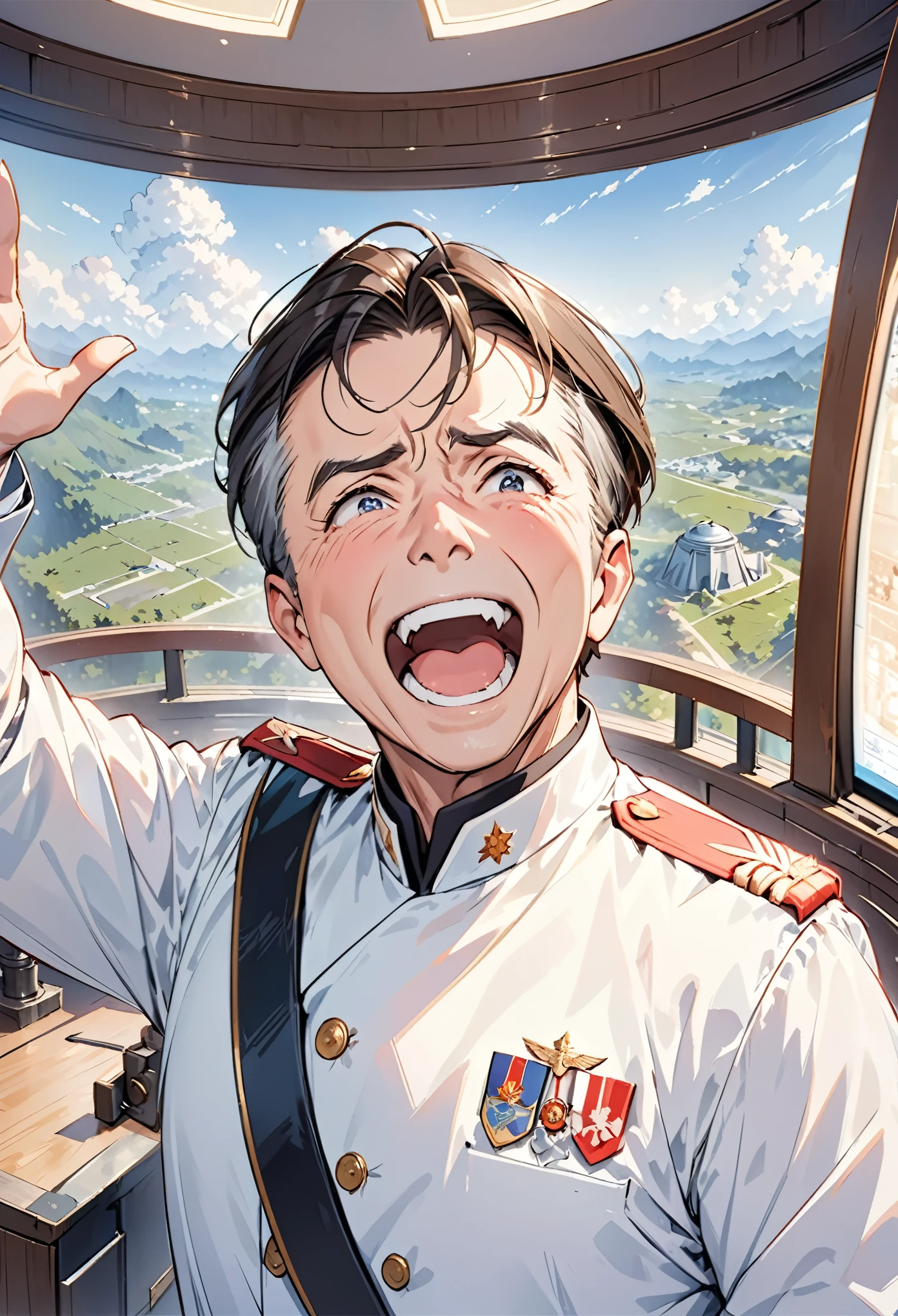Ridiculous resolution, high resolution, (masterpiece: 1.4), Ultra Detail, Middle-aged man in military uniform, Observatory background, Screen wall, etc., Excited open mouth, Upper body photo