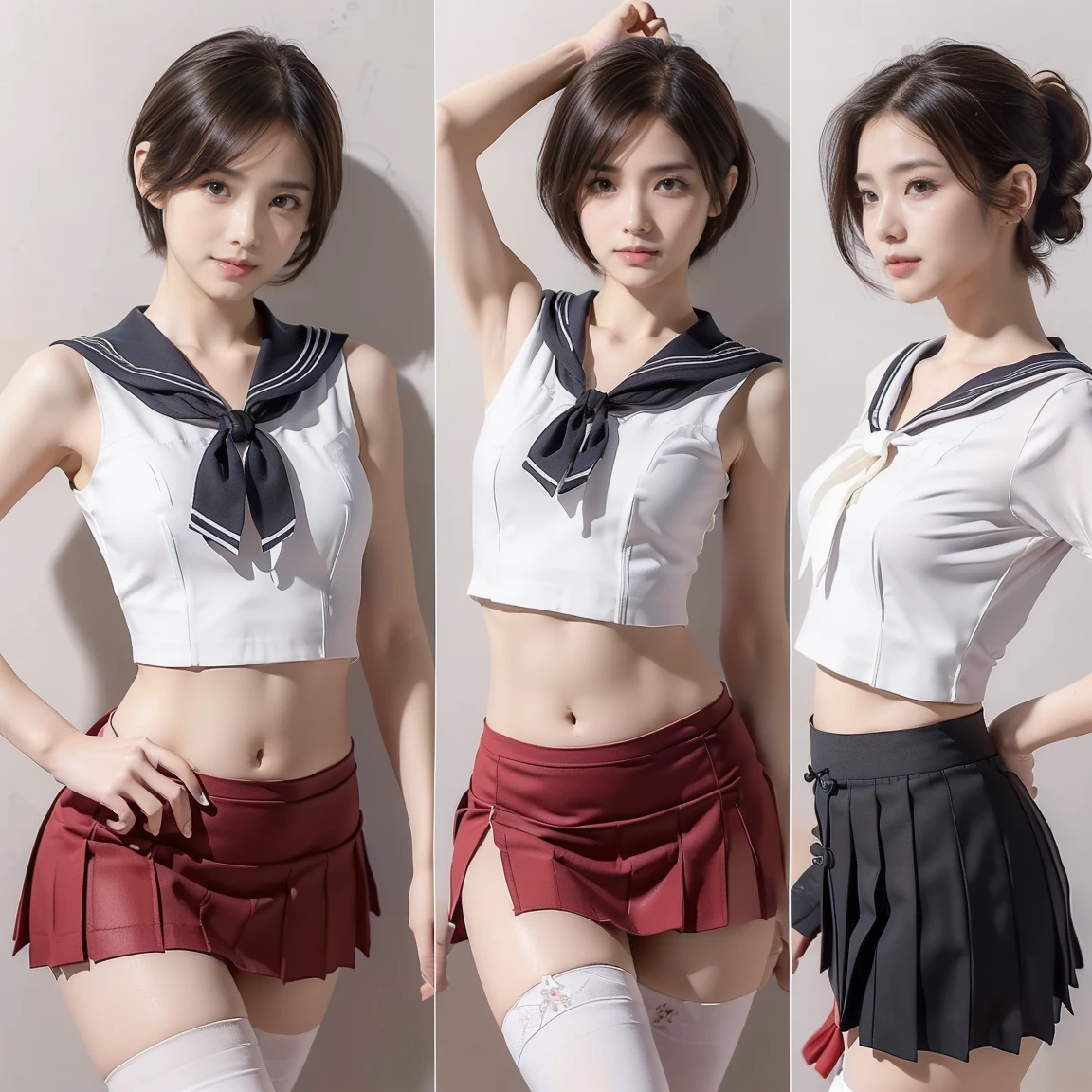 ((((8k))),((Extremely detailed CG)) ,(wallpaper),16k,((Very sophisticated and beautiful))，(((masterpiece))),(((highest quality))),(((超High resolution))),Beautiful lighting,Perfect Lightning,Realistic shadows,[High resolution],(Smooth and perfect white skin:1.5),(Pale skin:1.3),Extremely detailed facial details,(Perfect body:1.1),Super detailed,Beautiful woman,alone,Small Head,ponytail、(Short Hair:1.5),Small face,Exquisite makeup,(Medium chest,Small waist:1.1),slim,thin,Happy,(smile:1.0),(Thin legs:1.1),(whole body:1.1),(Gaunt:1.1 ), (Skinny:1.1),(Tight sailor suit,Close-fitting clothing,skindentation,belly button:1.4),((Plate skirt,Red short skirt:1.4))((Fleet Collection,Kantai Collection,Yao:1.2)),((Black knee-high socks:1.2))