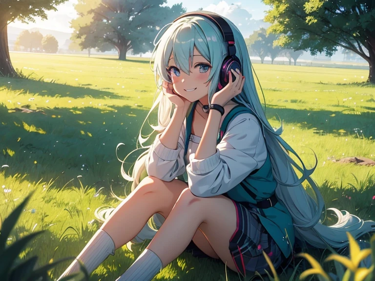 anime girl with headphones in a field of grass and trees, sitting in grass, anime style 4 k, beautiful anime girl, anime visual of a cute girl, cute anime girl, anime girl with long hair, anime wallpaper 4 k, anime wallpaper 4k, nightcore, anime vibes, anime picture, anime art wallpaper 4 k, anime art wallpaper 4k, (anime girl), happy, smile face,