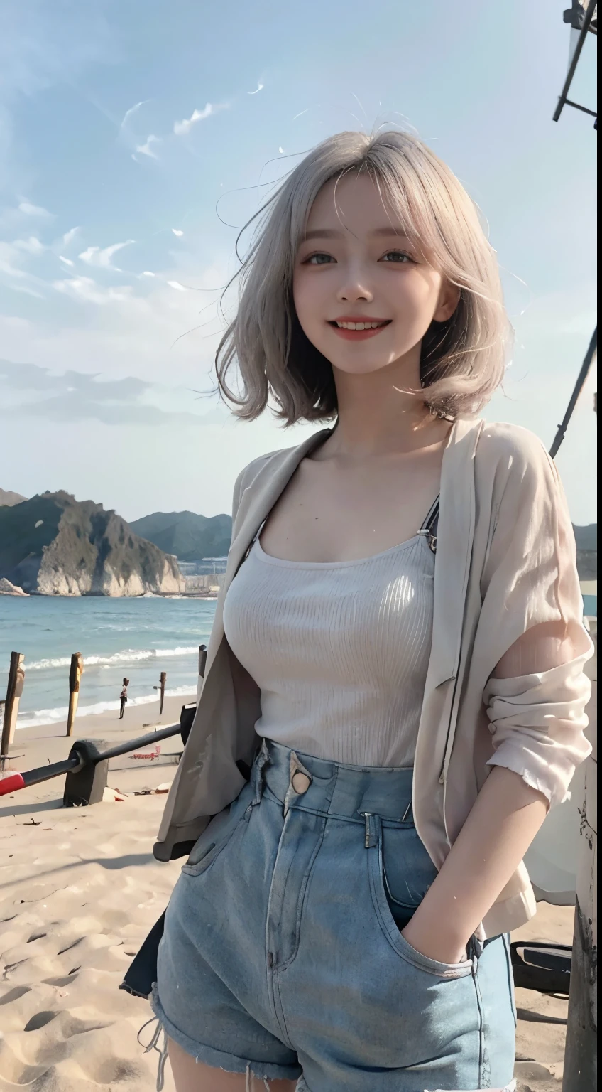 Best image quality、RAW Photos、超A high resolution、21 years old Korean、Small breasts、Dynamic Angle、Cowboy Shot、Chaos in its most beautiful form、elegant、Brutalist Design、Vibrant colors、Beautiful white hair、Short Bob、smile、fun、smile、Glowing White Skin、Beautiful eyes with random colors、Very thin lips、Beautiful eyes in every detail、 Narrow eyes、Cheeks are pale pink、Length eyelashes、Beautiful double eyelids、eye shadow、Bright white hair、Overalls、A thin see-through jacket、Sandy Beach、null、Shooting from below at an angle、Low - Angle、The wind is blowing、Hair fluttering、Uplifting