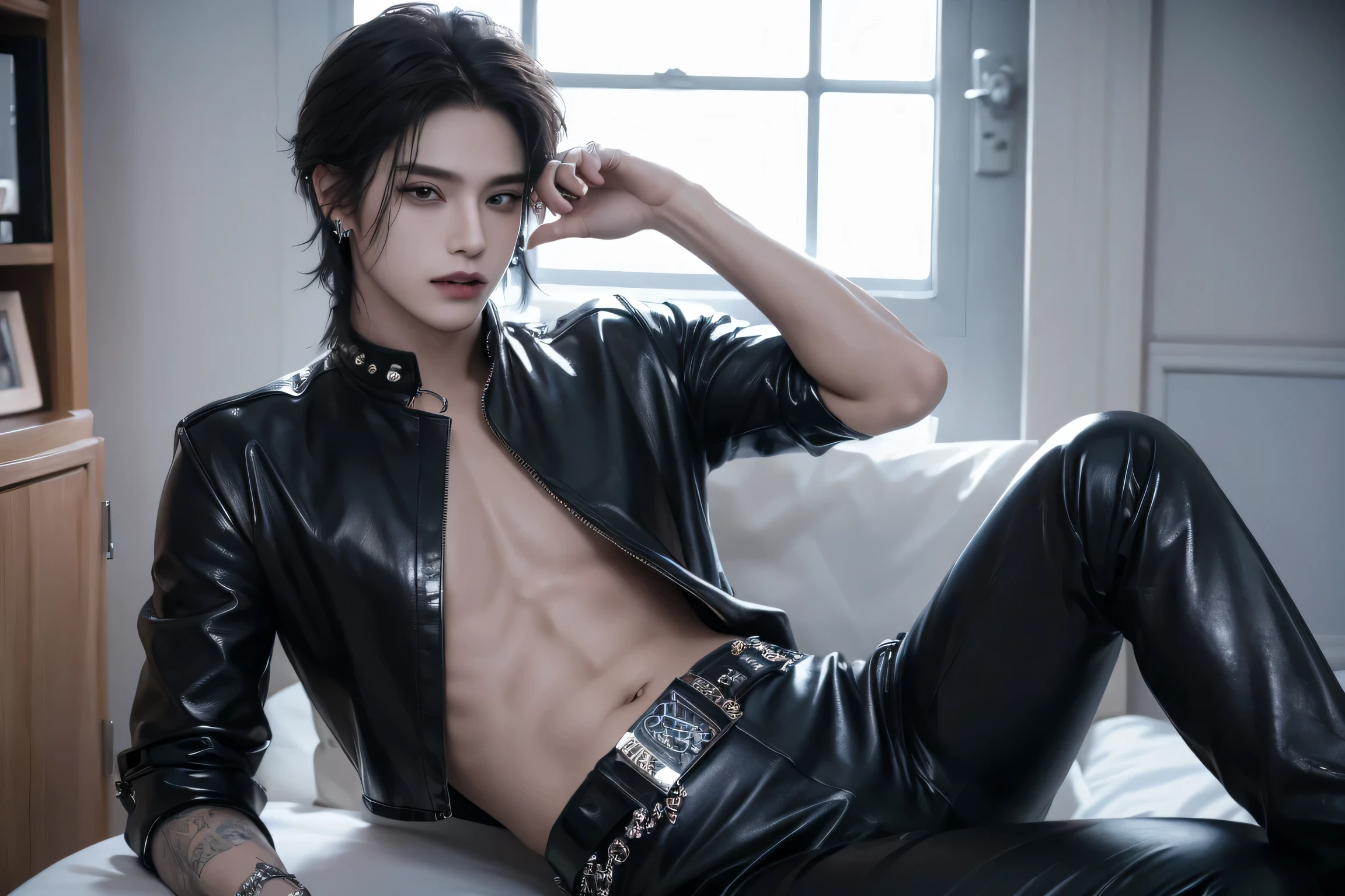 ((highest quality, 8K, masterpiece: 1.3)), Handsome boy from a visual kei band:1.5, 20-year-old、Delinquent boy、 well-groomed face, raindow hair color、thin face、(white skin:1.5)、blue eyes、boy with makeup、Super handsome、Extra-fine face, handsome nose, small eyes and face, beautiful lighting, High resolution, detailed mouth, smile, whole body: 1.5, perfect body shape、super slim,Midial Hair、pointed hair set、transparent shirt、Chrome hearts、leather pants、leather belt、Silver earrings、lip piercing