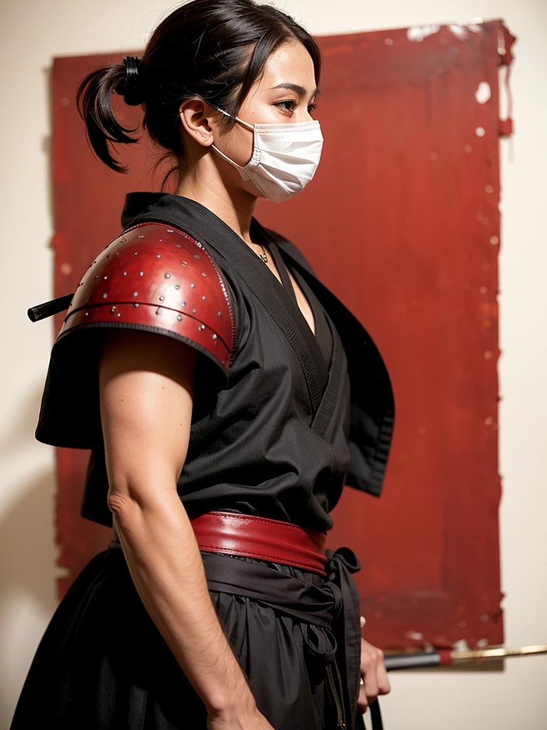 samurai, cyberpunk theme, two-tone, black hair, side view, from side, monochrome, red theme, white theme, shadowed face, shiny eye, red eyes, smoke, masked, hidden face, samurai armor, cowboy shot, red katana, red blood stain, standing, red background, painting