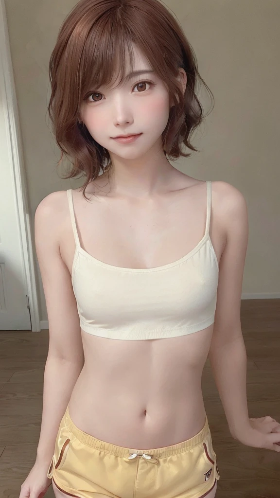 ((Tomboy, Small Head)), Dawn, sunlight, (Perfect body: 1.1), (Short Wavy Hair: 1.2), Auburn Hair,  ((Primary color shorts)), (Highly detailed CG 8k wallpaper), (Very delicate and beautiful), (masterpiece), (highest quality: 1.0), (ultra-High resolution: 1.0), Beautiful lighting, Perfect Lightning, Realistic Shadows, [High resolution], Delicate skin, Super detailed, Cute Smile,Sexy pose looking at camera