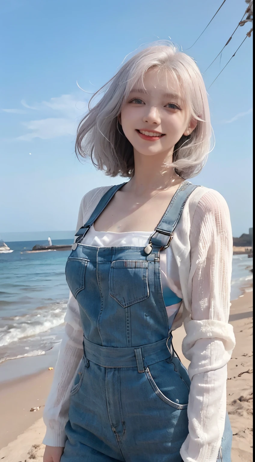 Best image quality、RAW Photos、超A high resolution、21 years old Korean、Small breasts、Dynamic Angle、Cowboy Shot、Chaos in its most beautiful form、elegant、Brutalist Design、Vibrant colors、Beautiful white hair、Short Bob、smile、fun、smile、Glowing White Skin、Beautiful eyes with random colors、Very thin lips、Beautiful eyes in every detail、 Narrow eyes、Cheeks are pale pink、Length eyelashes、Beautiful double eyelids、eye shadow、Bright white hair、Overalls、A thin see-through jacket、Sandy Beach、null、Shooting from below at an angle、Low - Angle、The wind is blowing、Hair fluttering、Uplifting