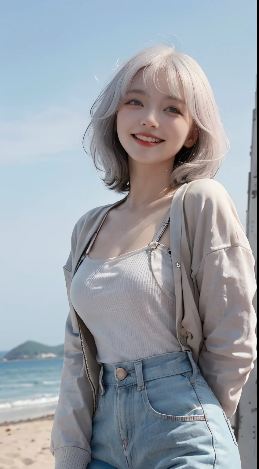 Best image quality、RAW Photos、超A high resolution、21 years old Korean、Small breasts、Dynamic Angle、Cowboy Shot、Chaos in its most beautiful form、elegant、Brutalist Design、Vibrant colors、Beautiful white hair、Short Bob、smile、fun、smile、Glowing White Skin、Beautiful eyes with random colors、Very thin lips、Beautiful eyes in every detail、 Narrow eyes、Cheeks are pale pink、Length eyelashes、Beautiful double eyelids、eye shadow、Bright white hair、Overalls、A thin see-through jacket、Sandy Beach、null、Shooting from below at an angle、Low - Angle、The wind is blowing、Hair fluttering、Uplifting