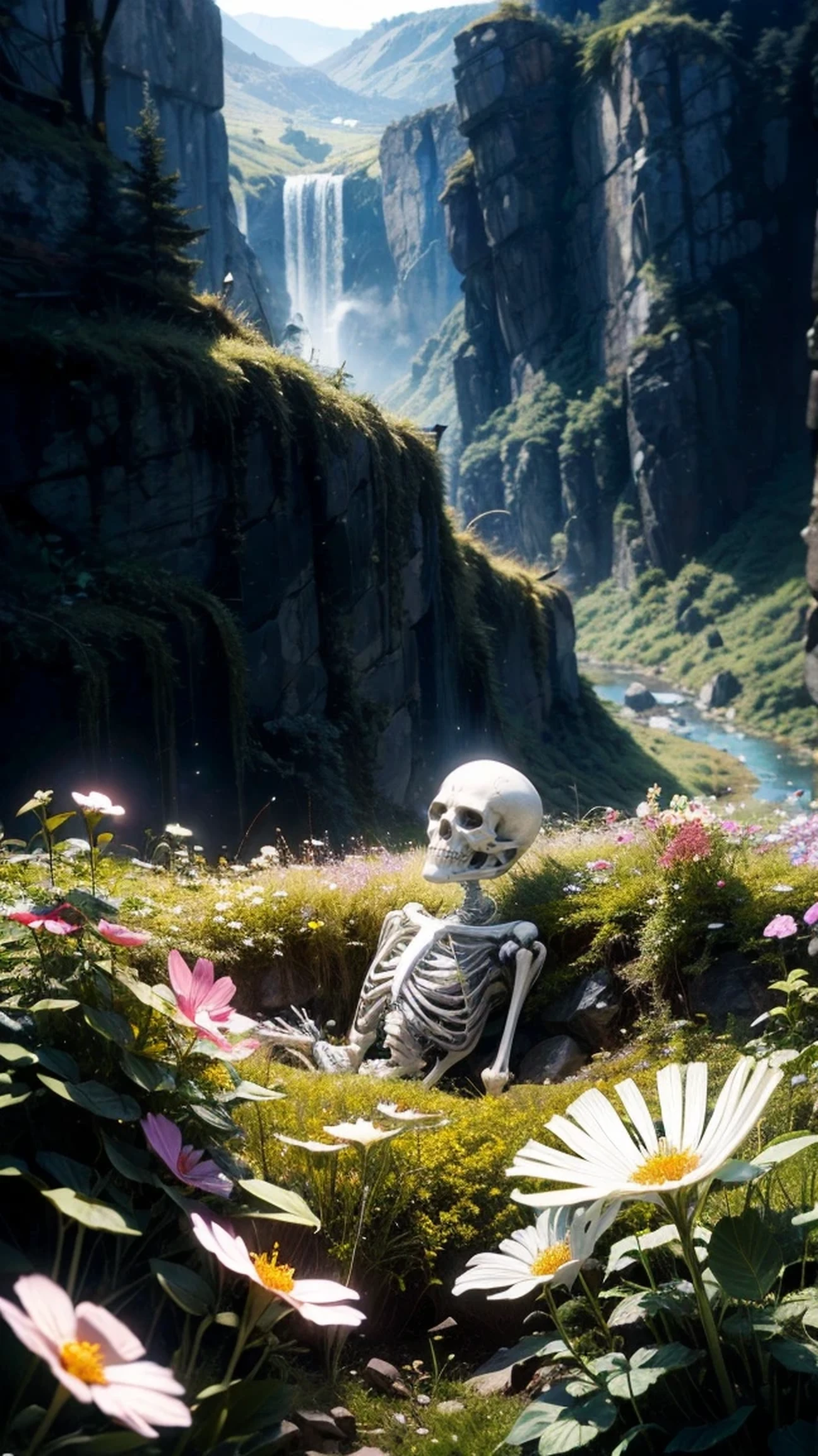 (Good structure),High resolution,超High resolution,8k、skeleton、A skeleton is lying on a rock.、Skeletons are scattered、In the valley of flowers, There were flowers, And on a cloudy spring morning, With dew and dew, Unsettling Lighting、Dark Light