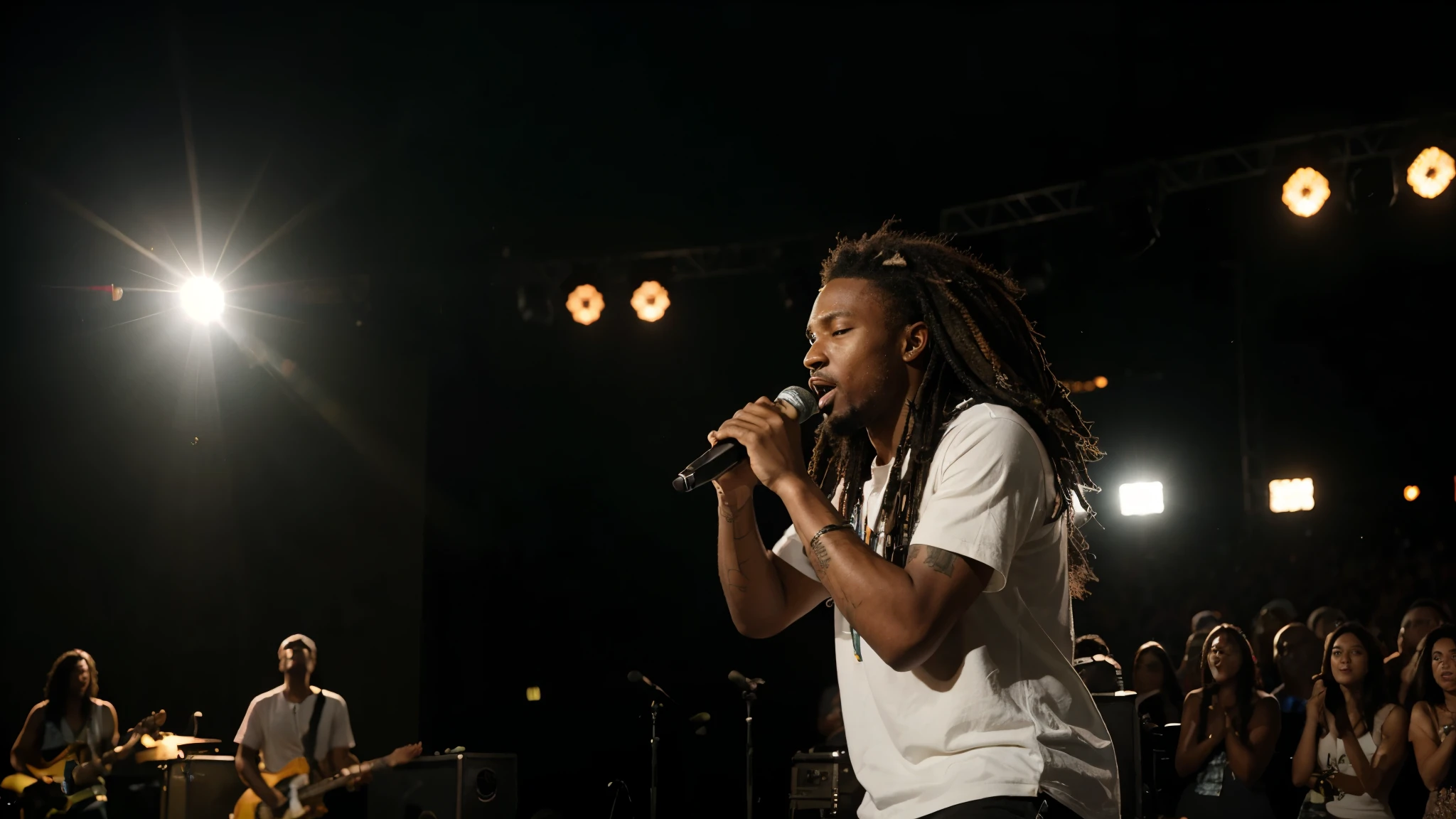 a high definition photo of a male reggae singer singing at a concert, spotlight lighting, at night, high definition, Canon EOS Rebel T100 Camera